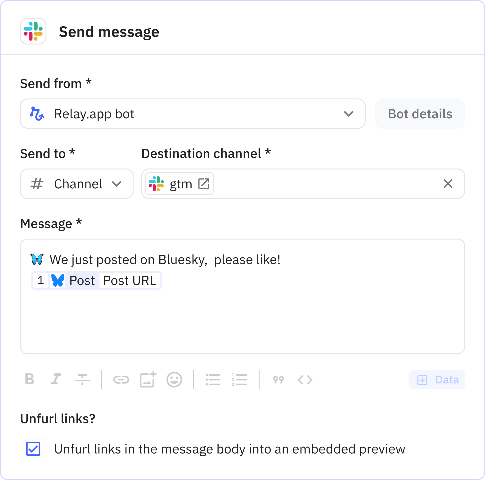 Relay.app screenshot of: Send message