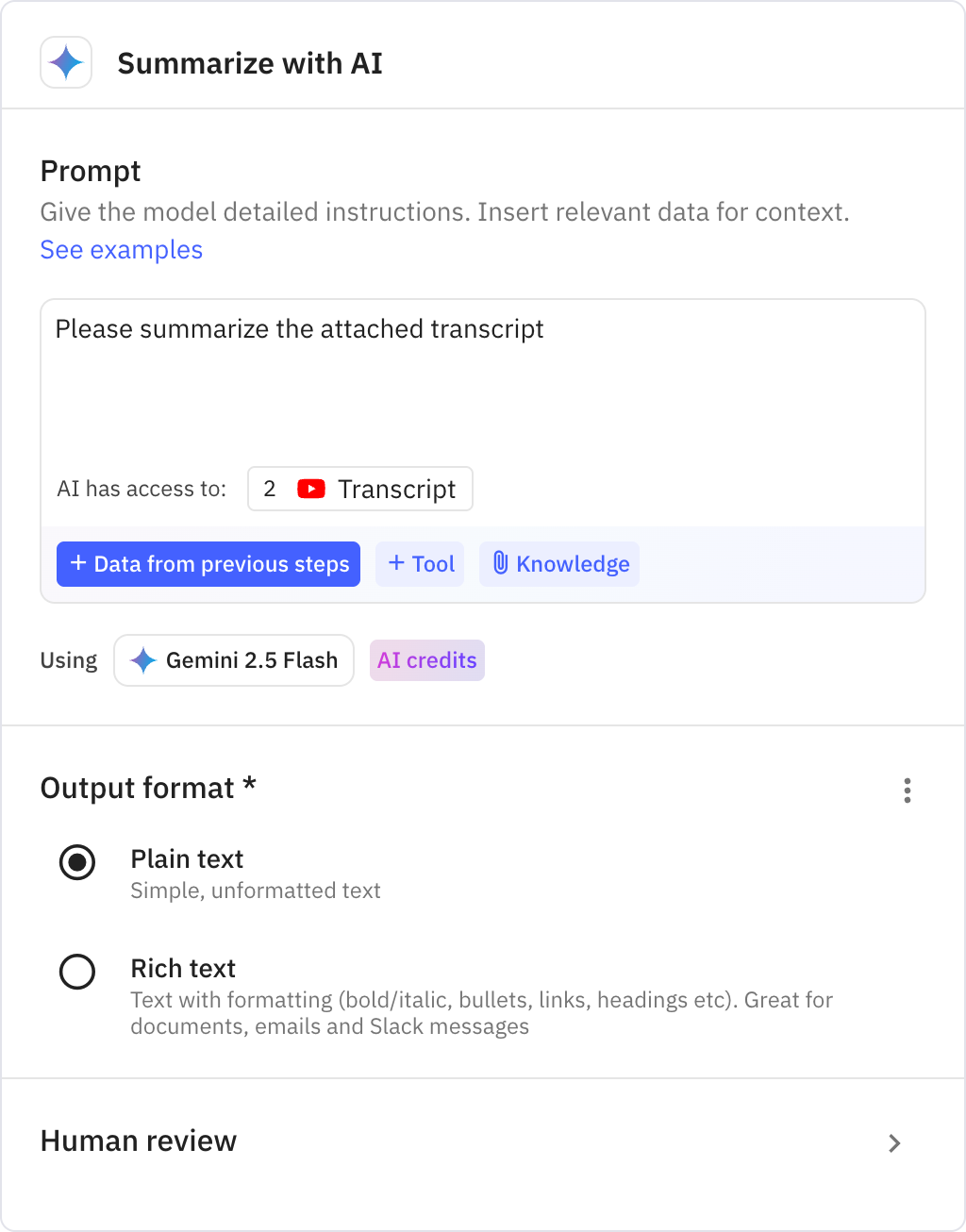 Relay.app screenshot of: Summarize with AI