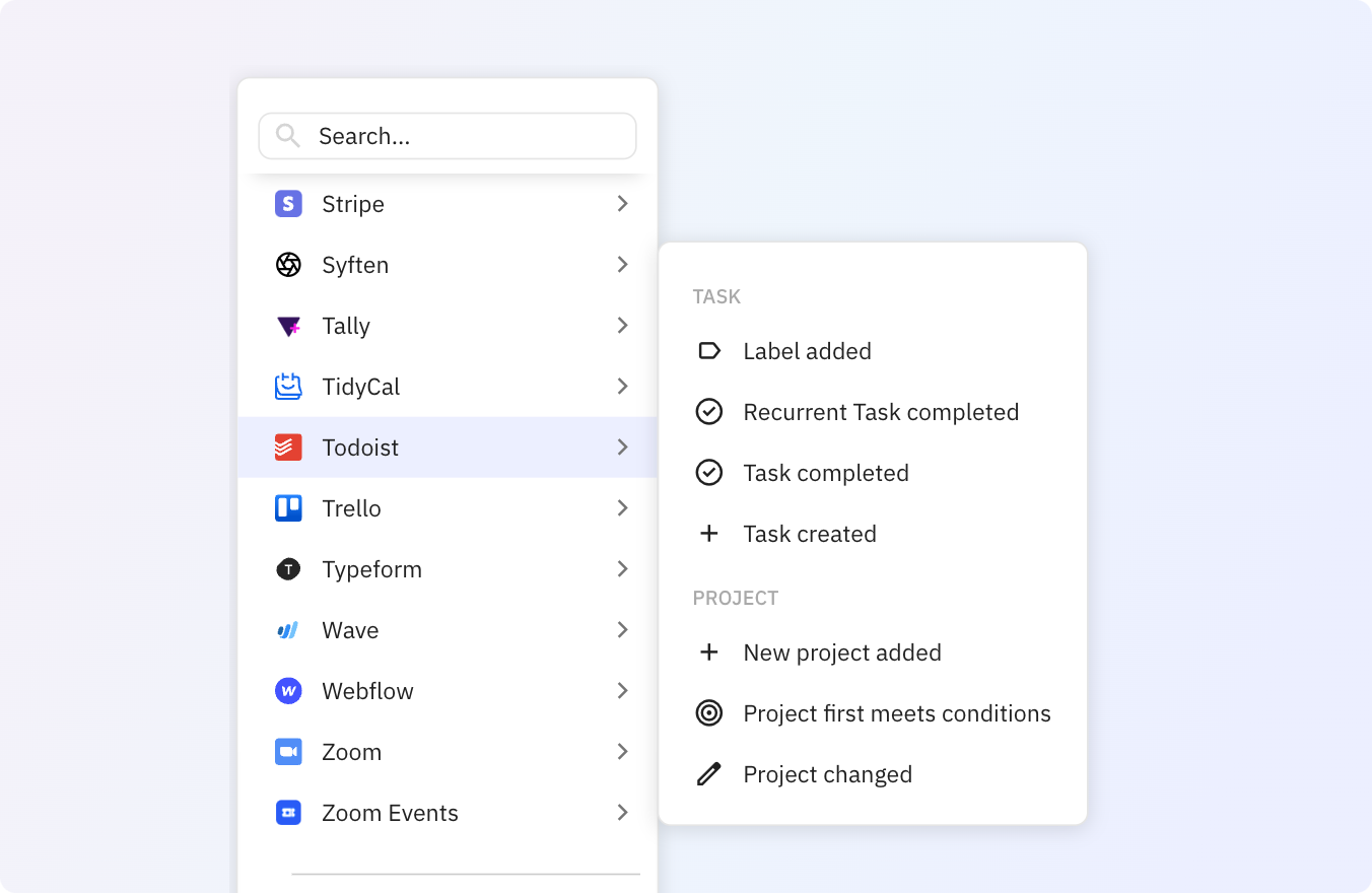 Preview of Trigger actions across your apps based on changes in Todoist