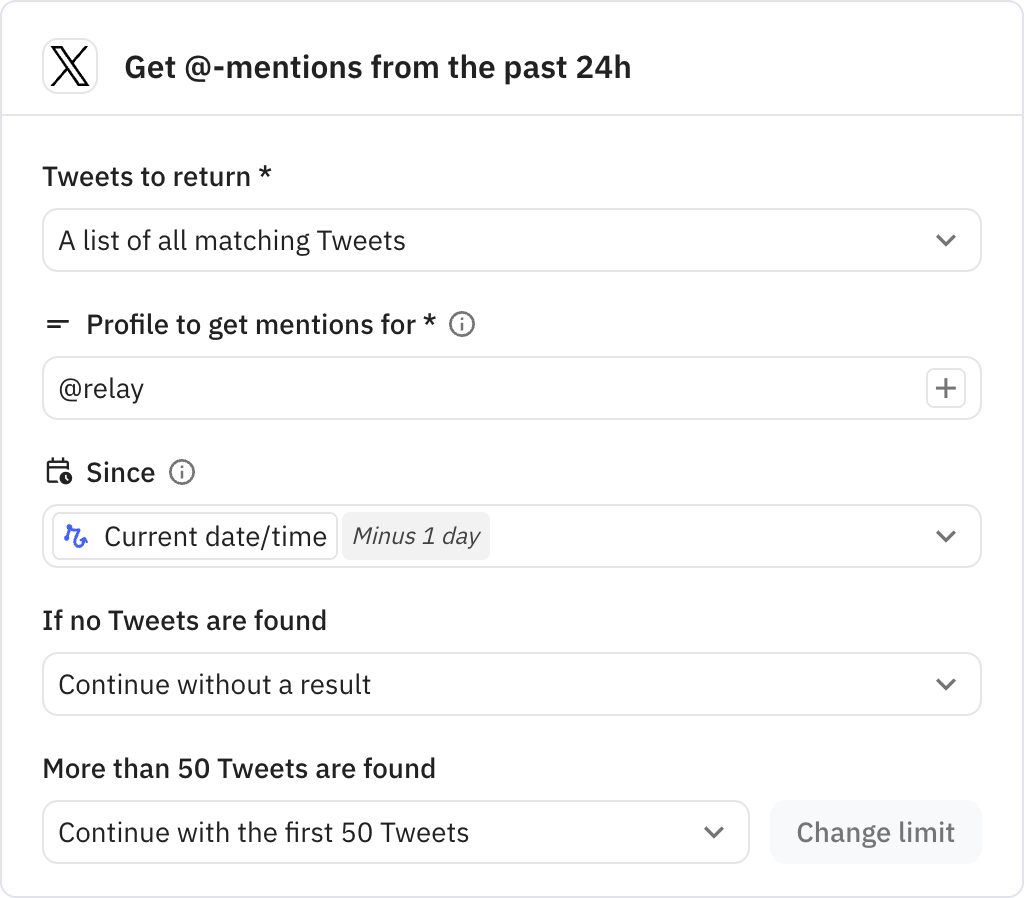 Relay.app screenshot of: Get @-mentions from the past 24h