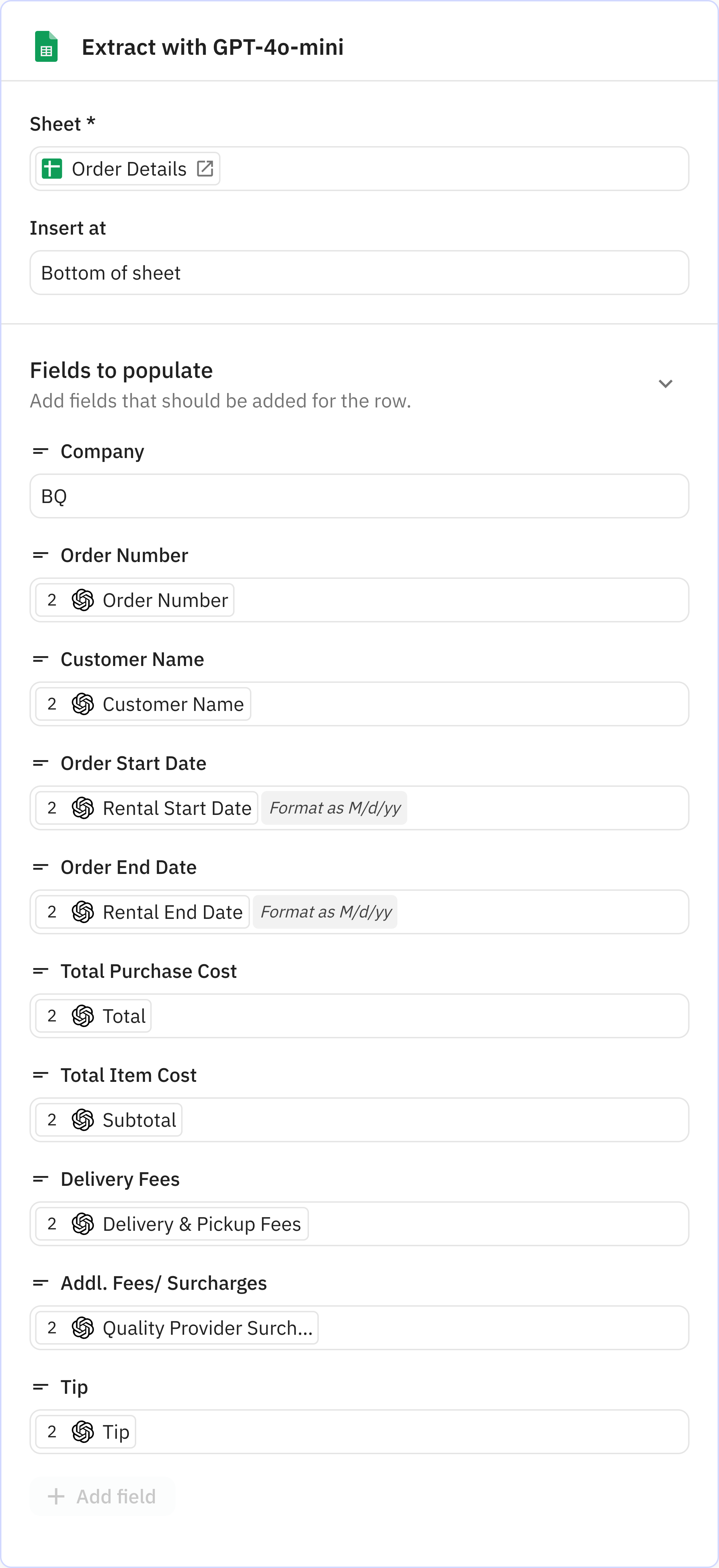 Relay.app screenshot of: Add row to sheet