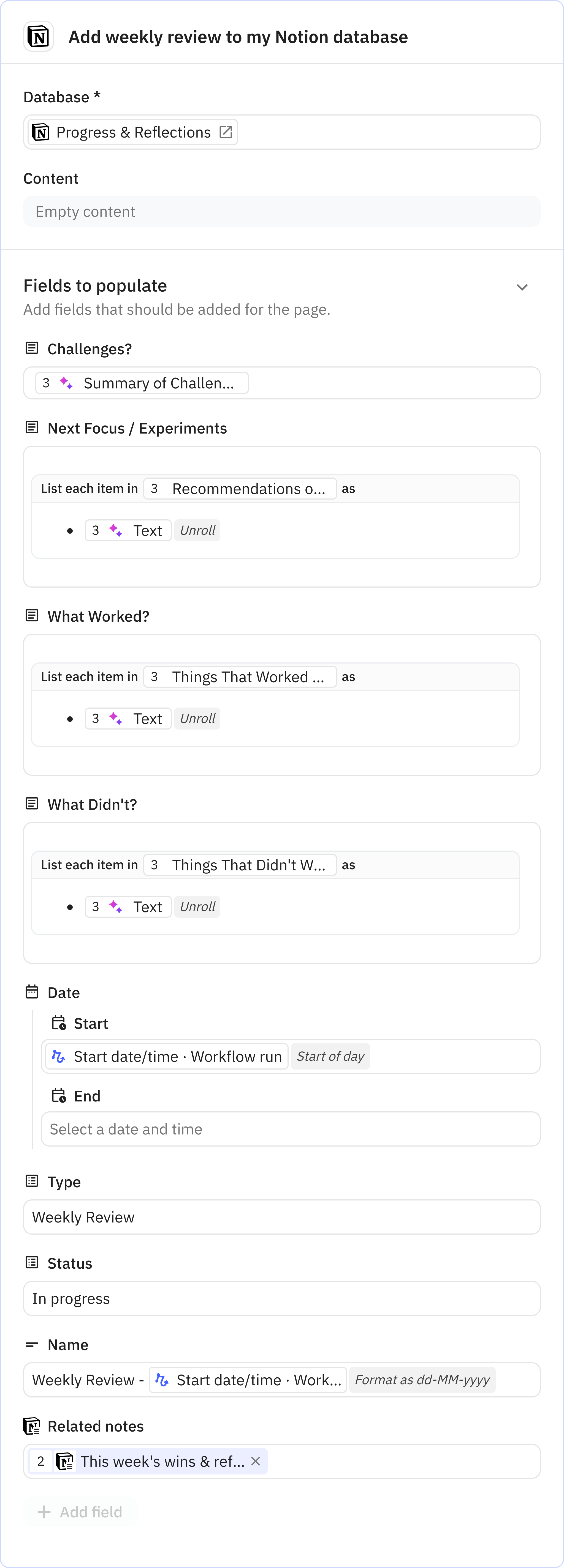 Relay.app screenshot of: Add weekly review to my Notion database