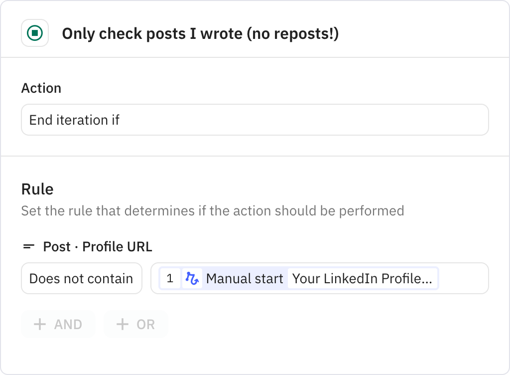 Relay.app screenshot of: Only check posts I wrote (no reposts!)