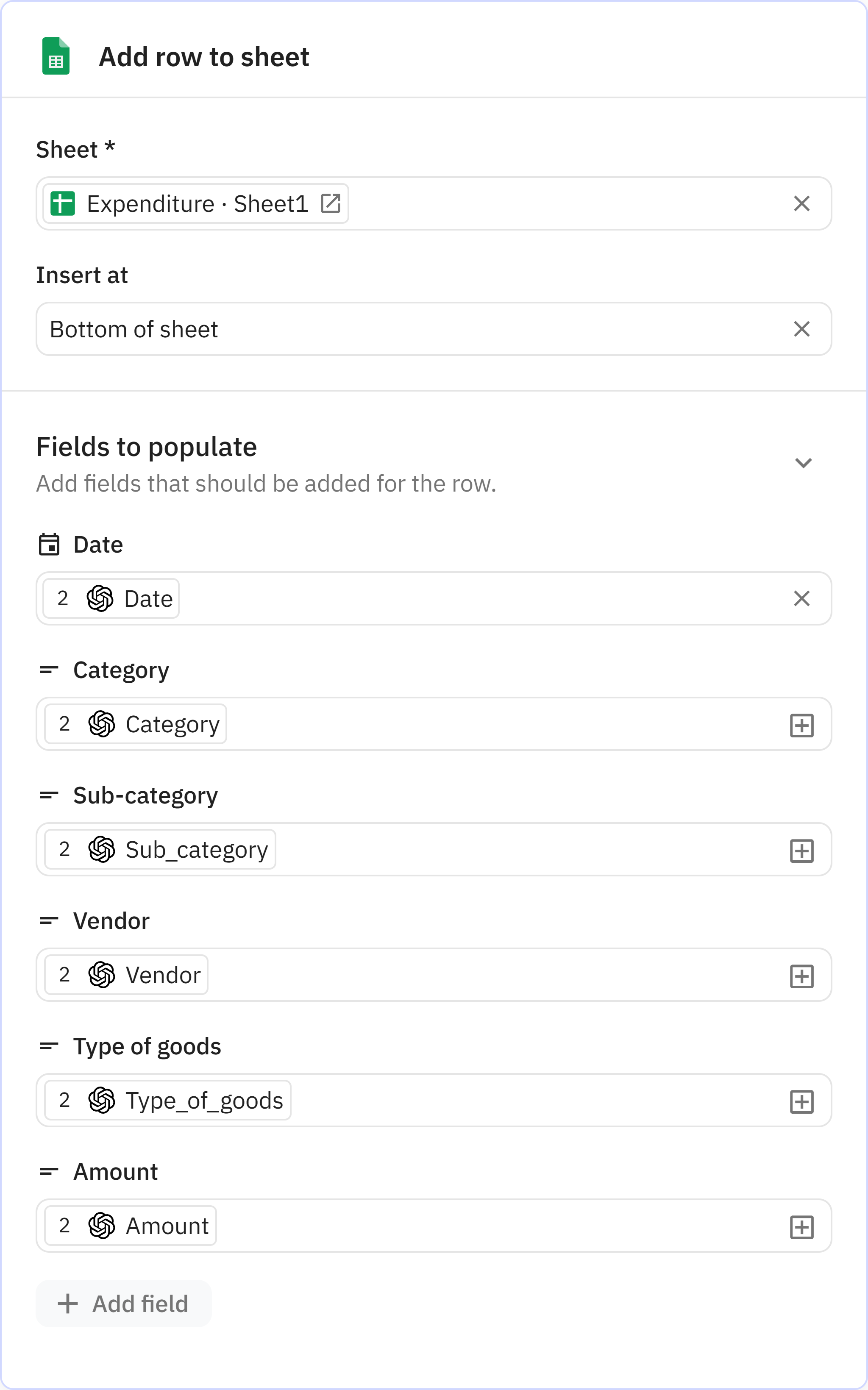 Relay.app screenshot of: Add row to sheet