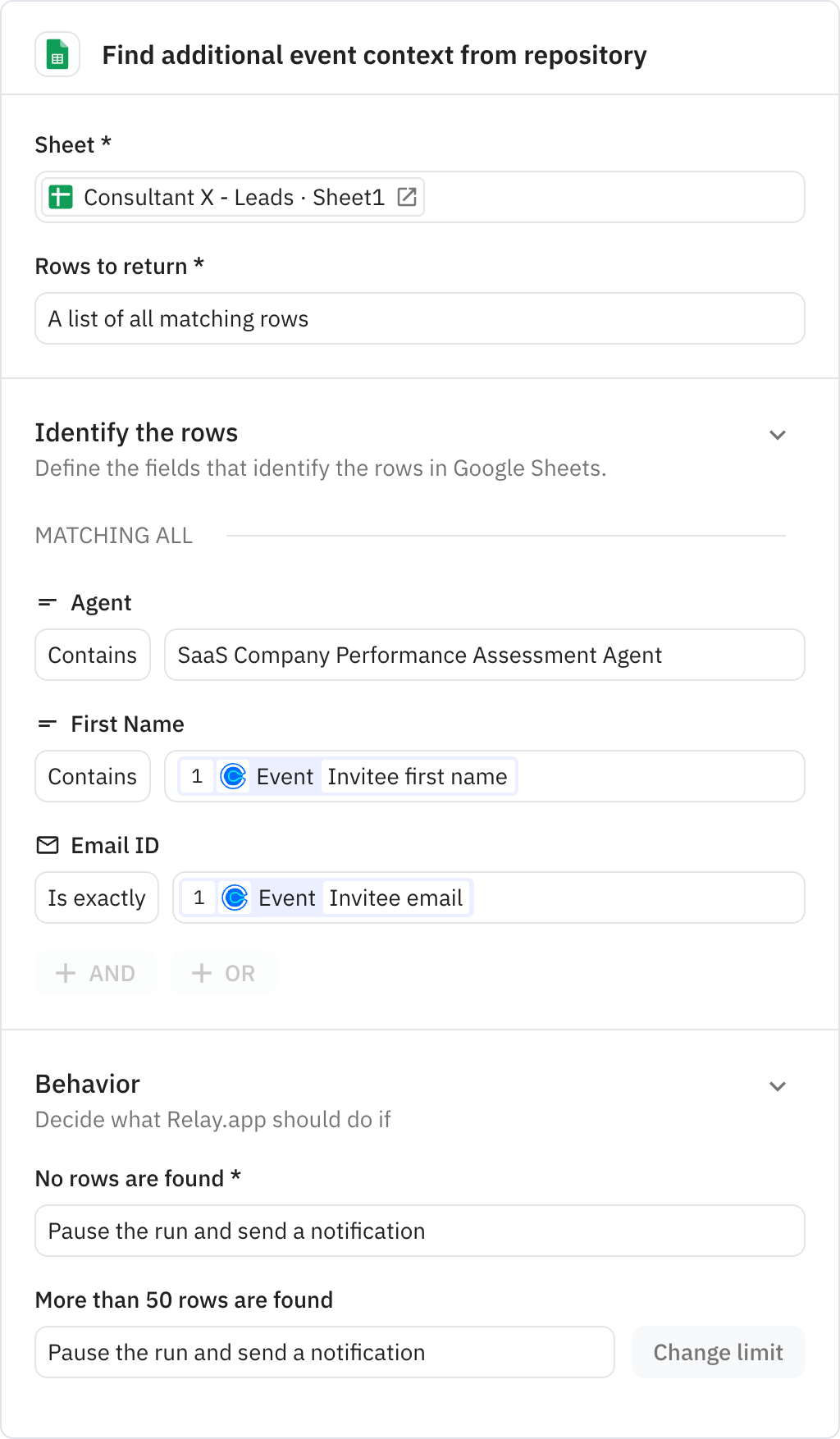 Relay.app screenshot of: Find additional event context from repository