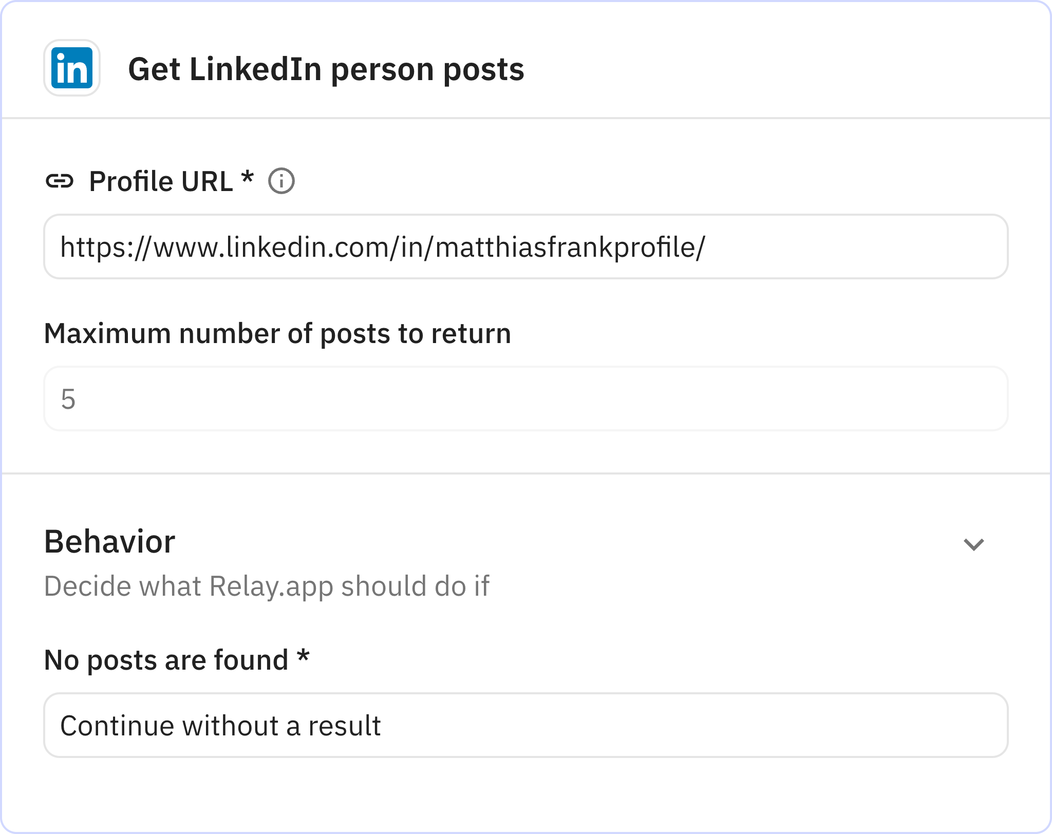 Relay.app screenshot of: Get LinkedIn person posts