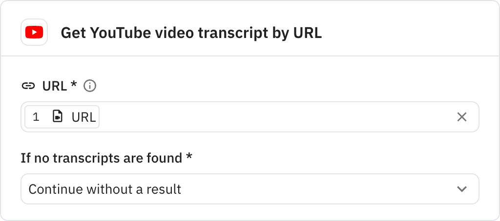 Relay.app screenshot of: Get YouTube video transcript by URL