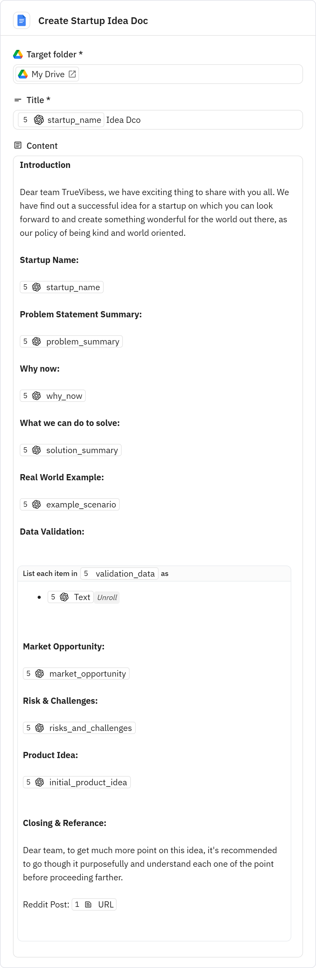 Relay.app screenshot of: Create Startup Idea Doc