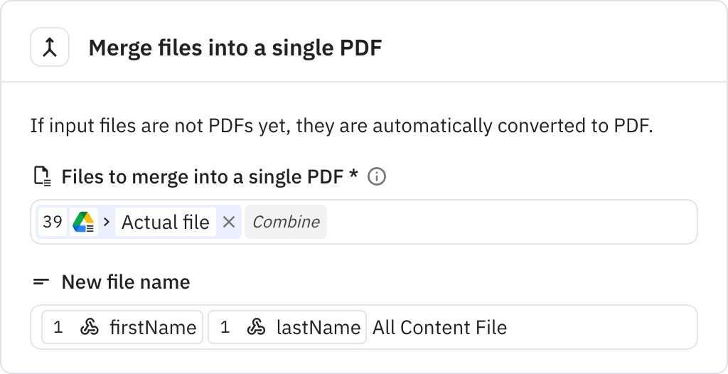 Relay.app screenshot of: Merge files into a single PDF