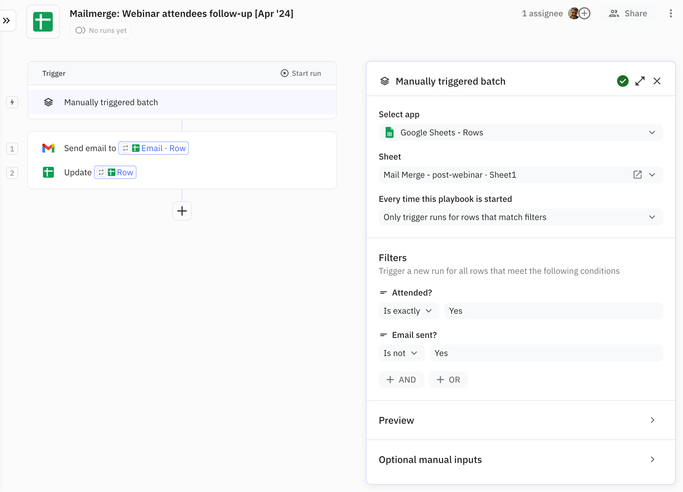 Configure the manual batch trigger to trigger on rows in the Google Sheet where only certain column values should match