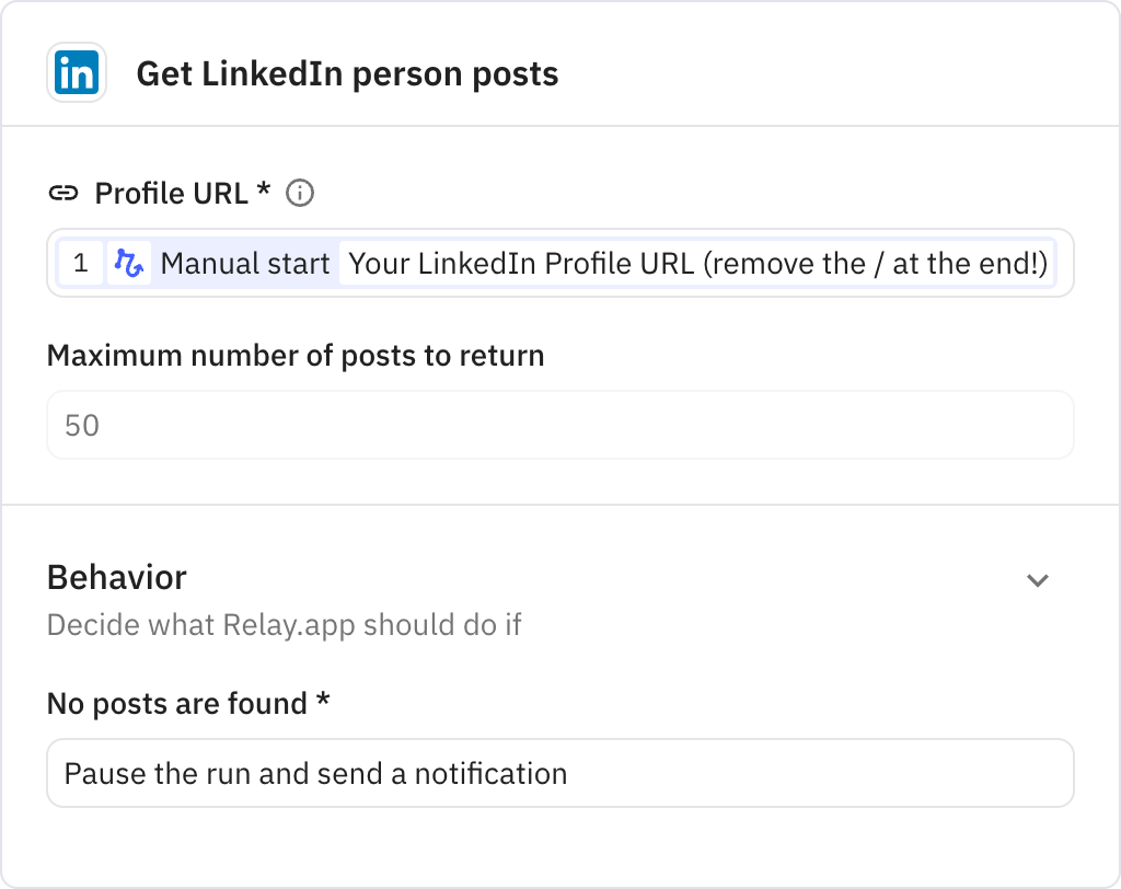 Relay.app screenshot of: Get LinkedIn person posts