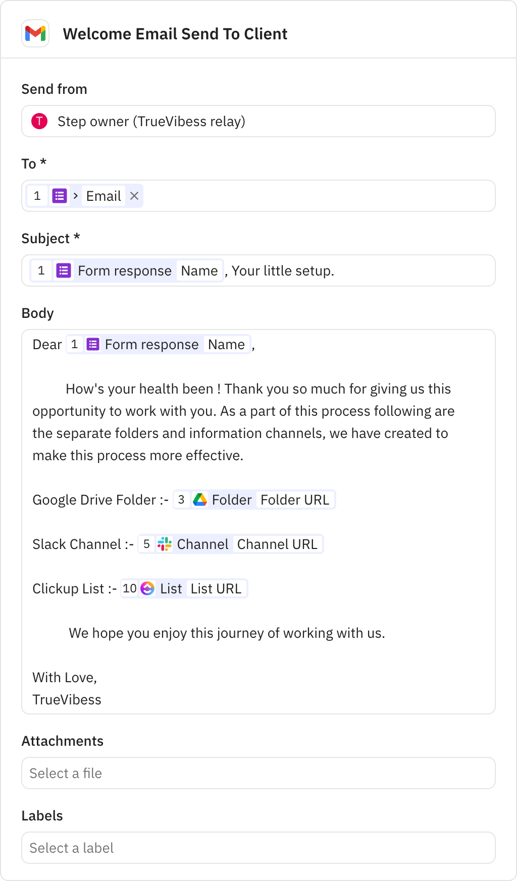 Relay.app screenshot of: Welcome Email Send To Client