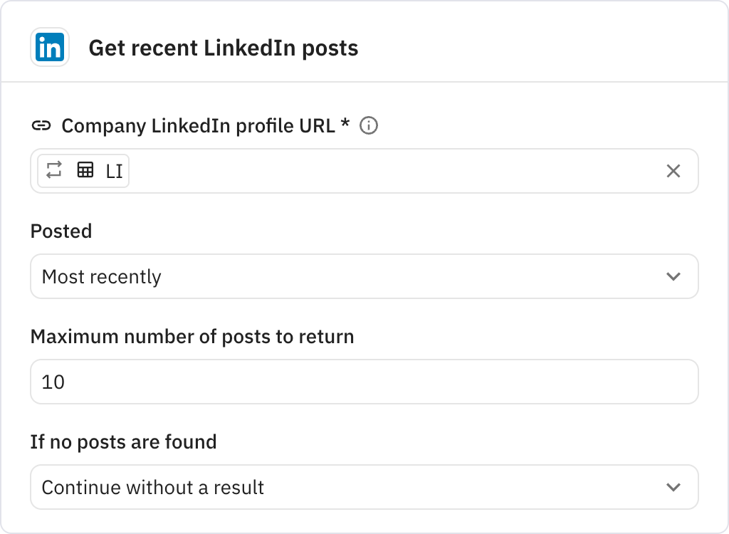 Relay.app screenshot of: Get recent LinkedIn posts