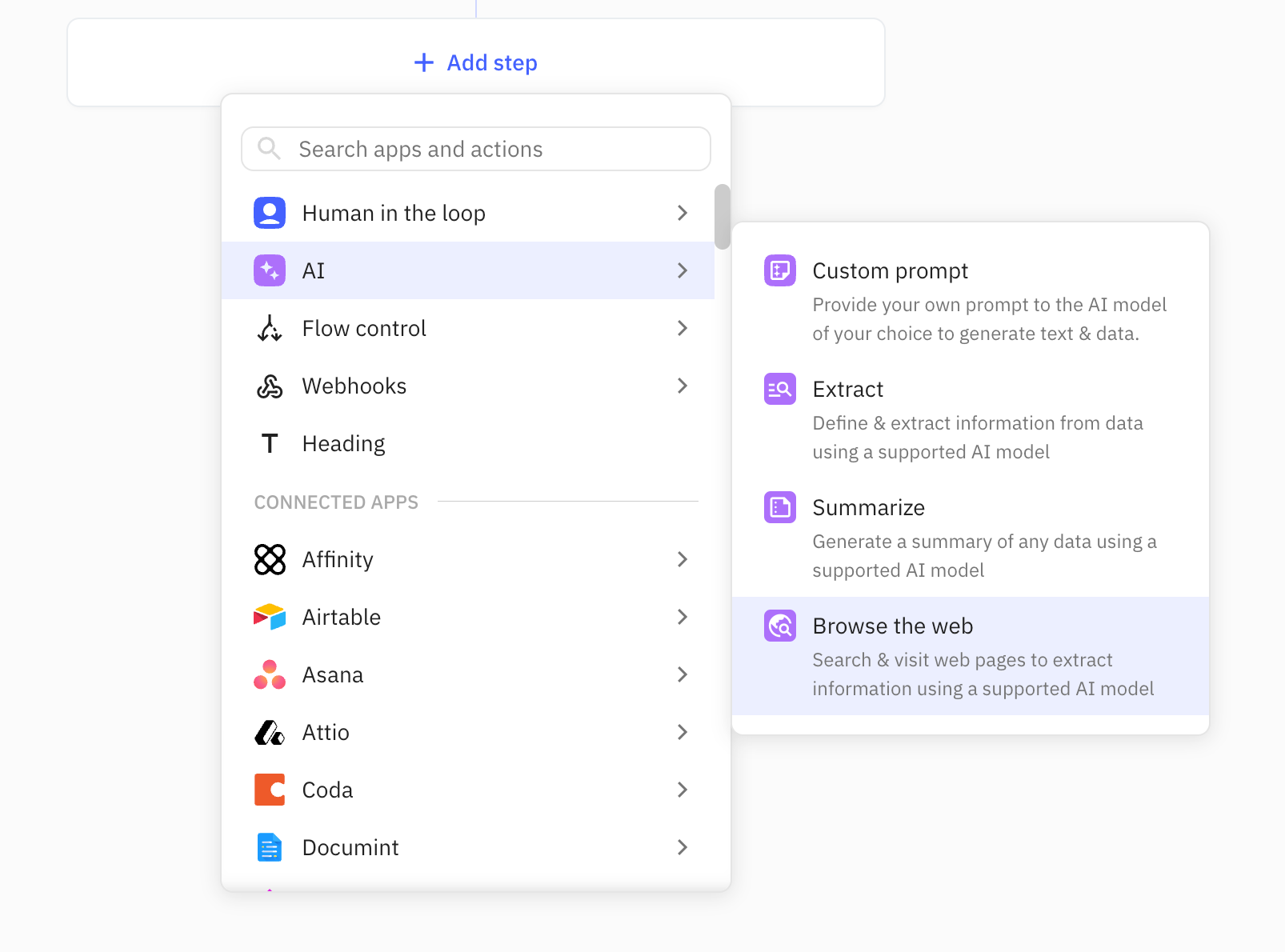 New AI steps in Relay.app including 'Browse the web'