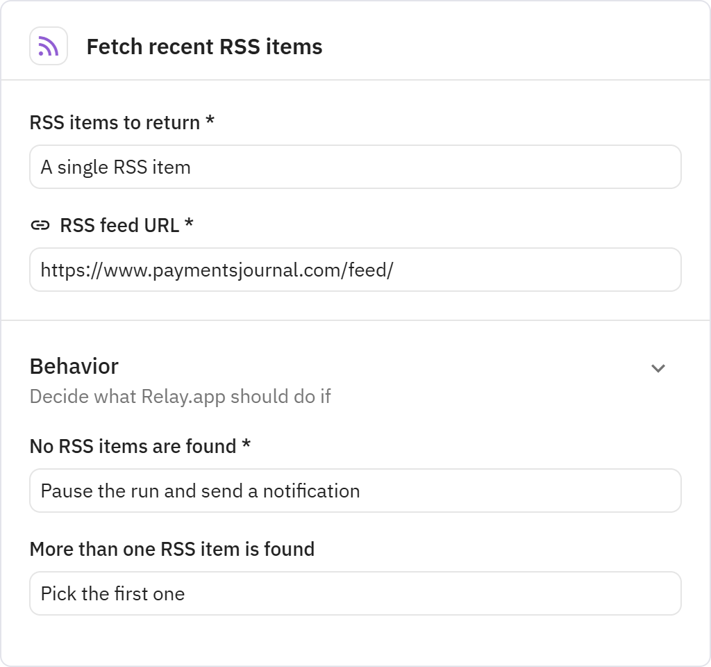 Relay.app screenshot of: Fetch recent RSS items