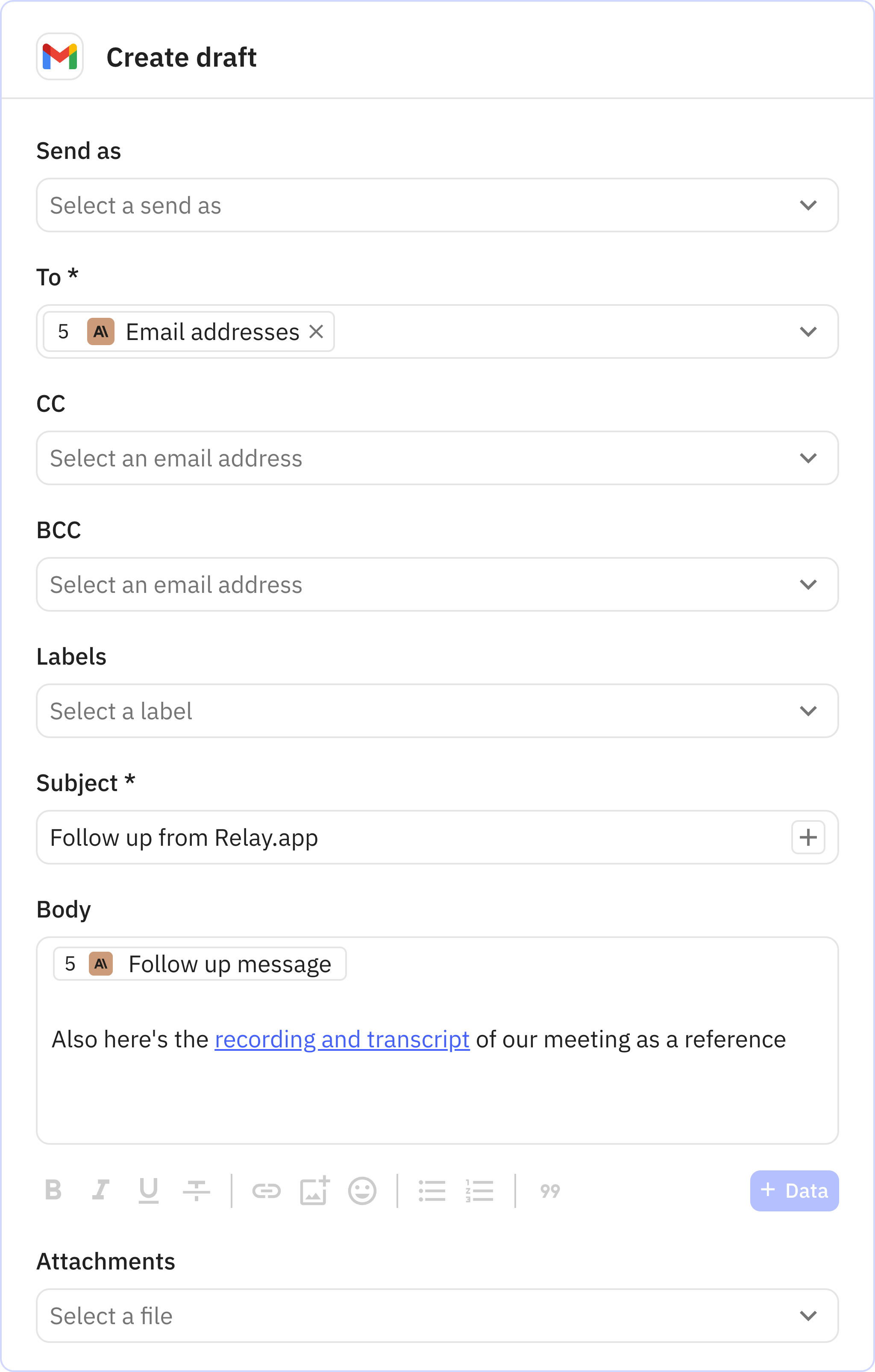 Relay.app screenshot of: Create draft