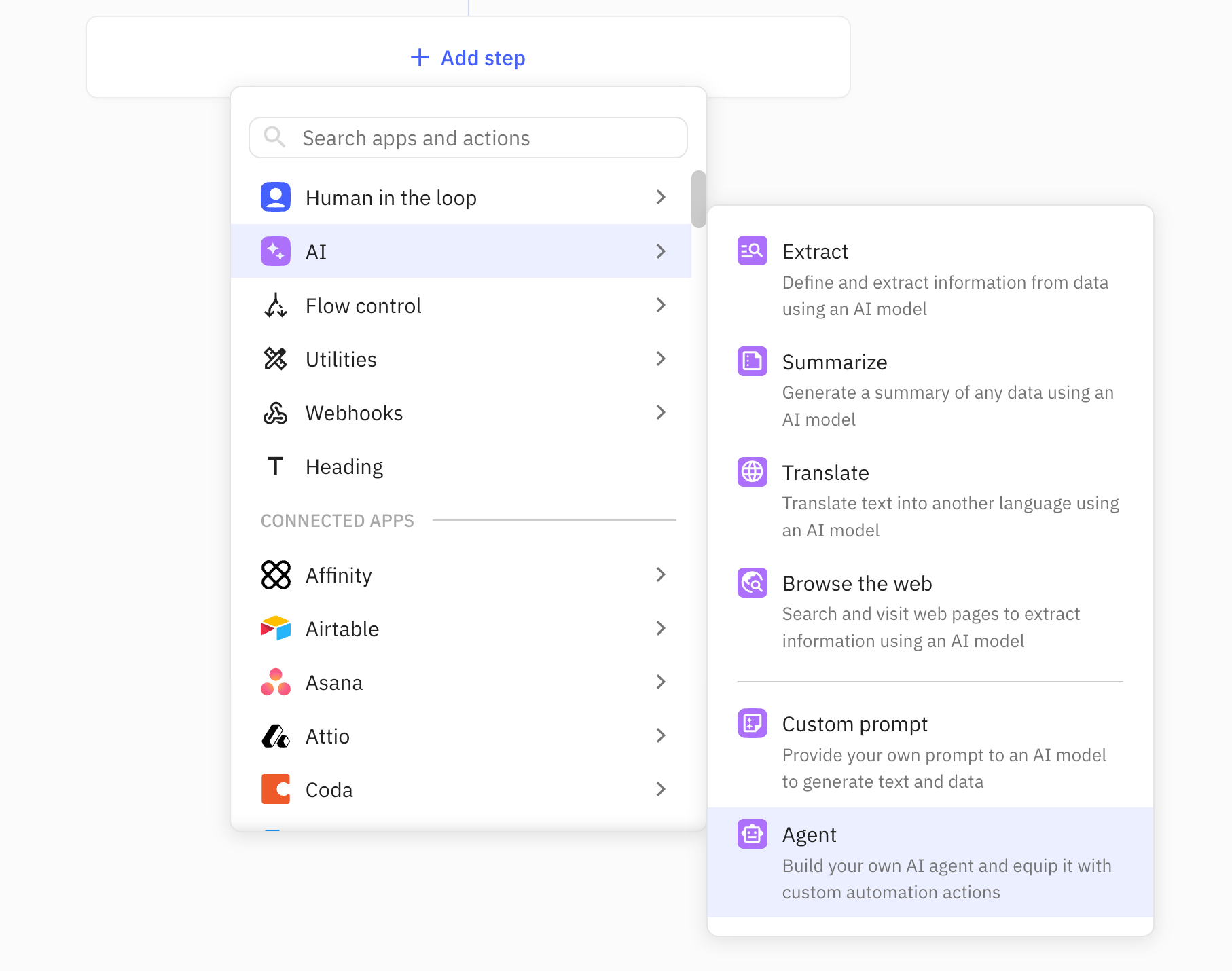 Add an Agent from the AI submenu in the step menu