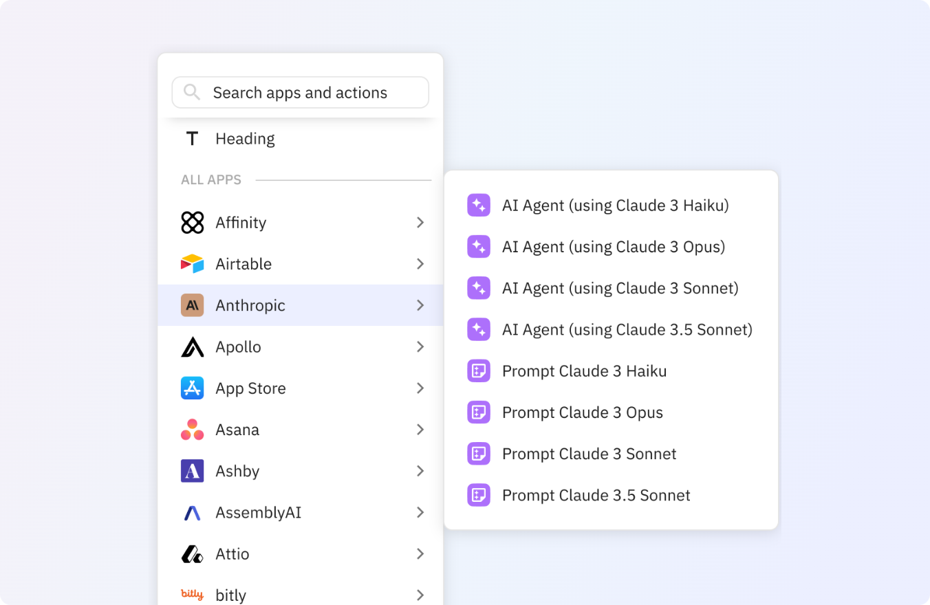 Use any of these Anthropic actions in your Relay.app workflows.