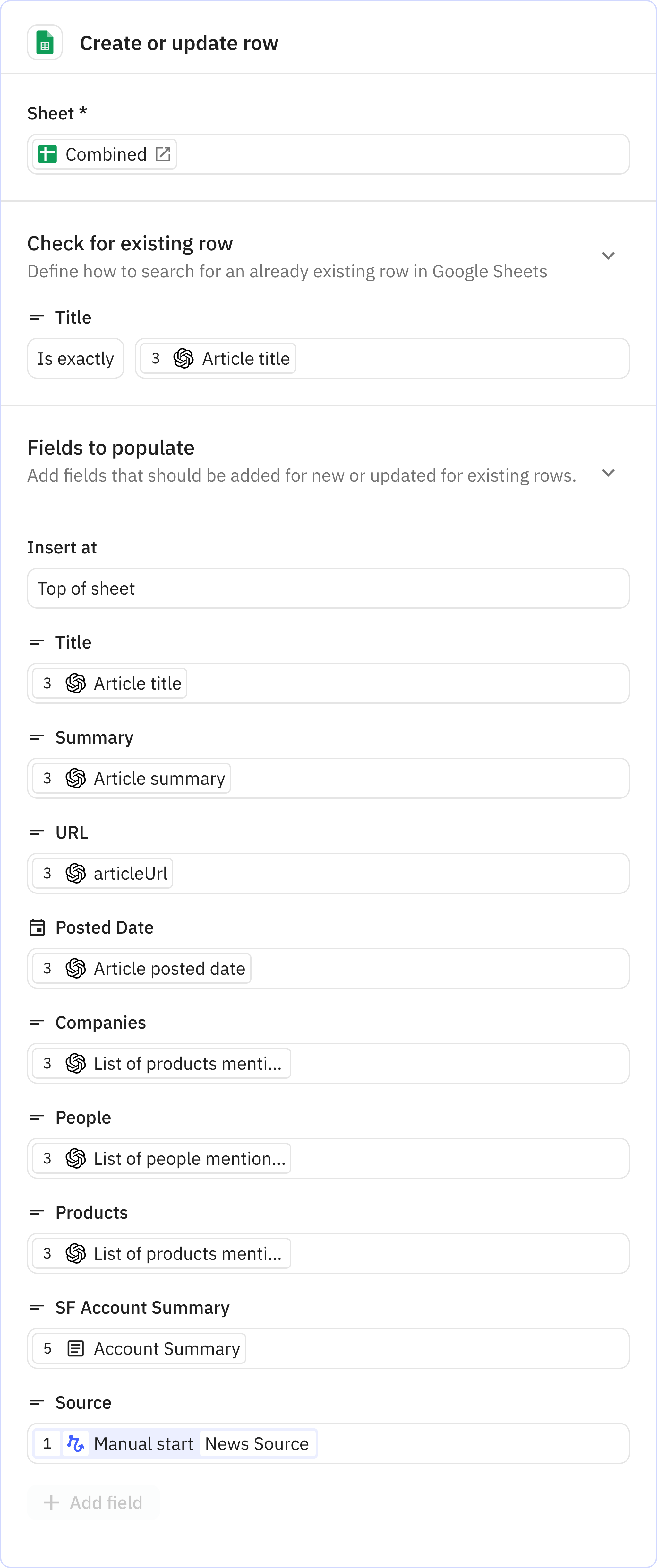 Relay.app screenshot of: Create or update row