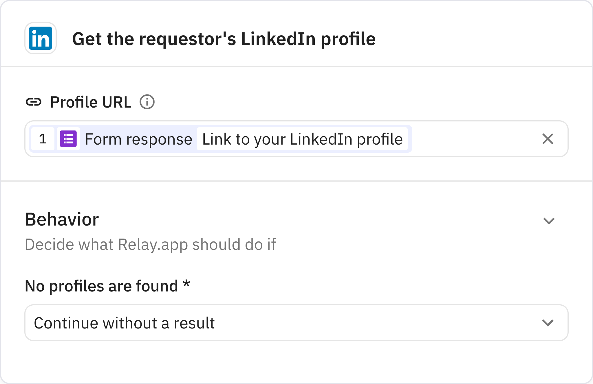 Relay.app screenshot of: Get the requestor's LinkedIn profile
