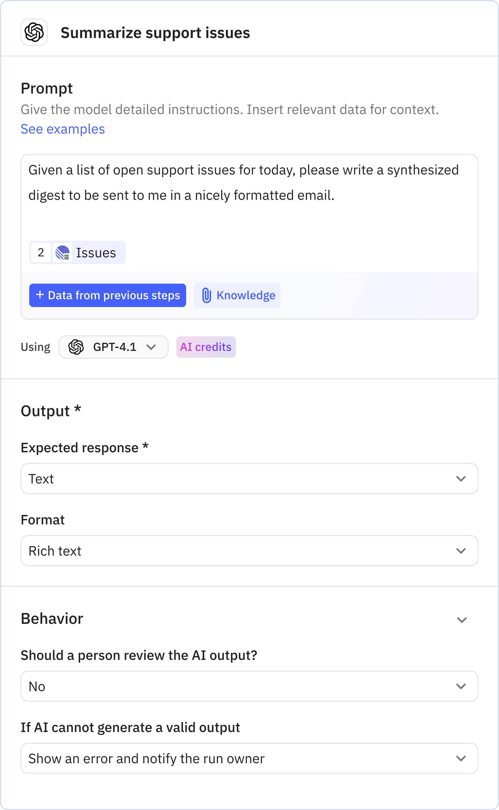 Relay.app screenshot of: Summarize support issues