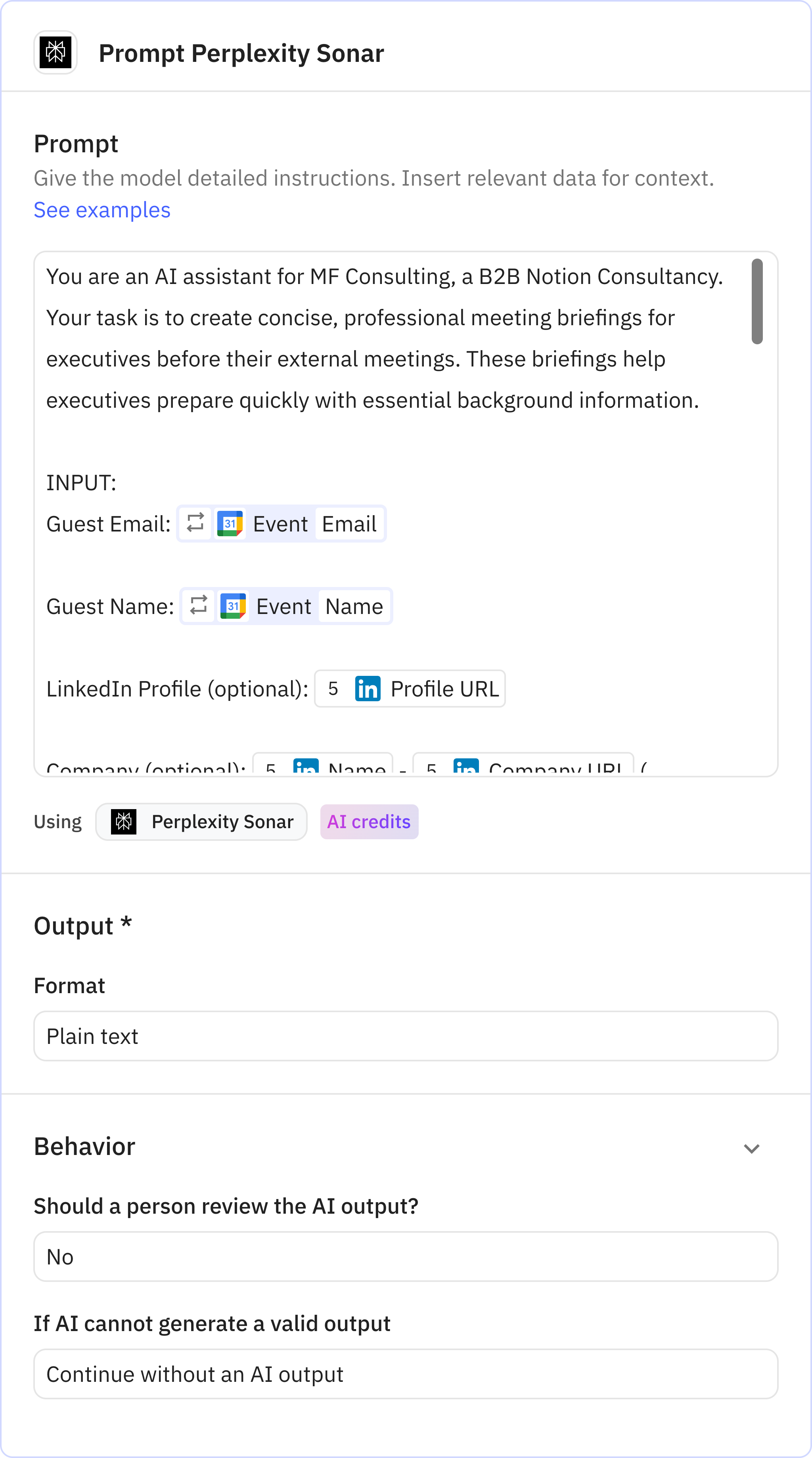 Relay.app screenshot of: Prompt Perplexity Sonar