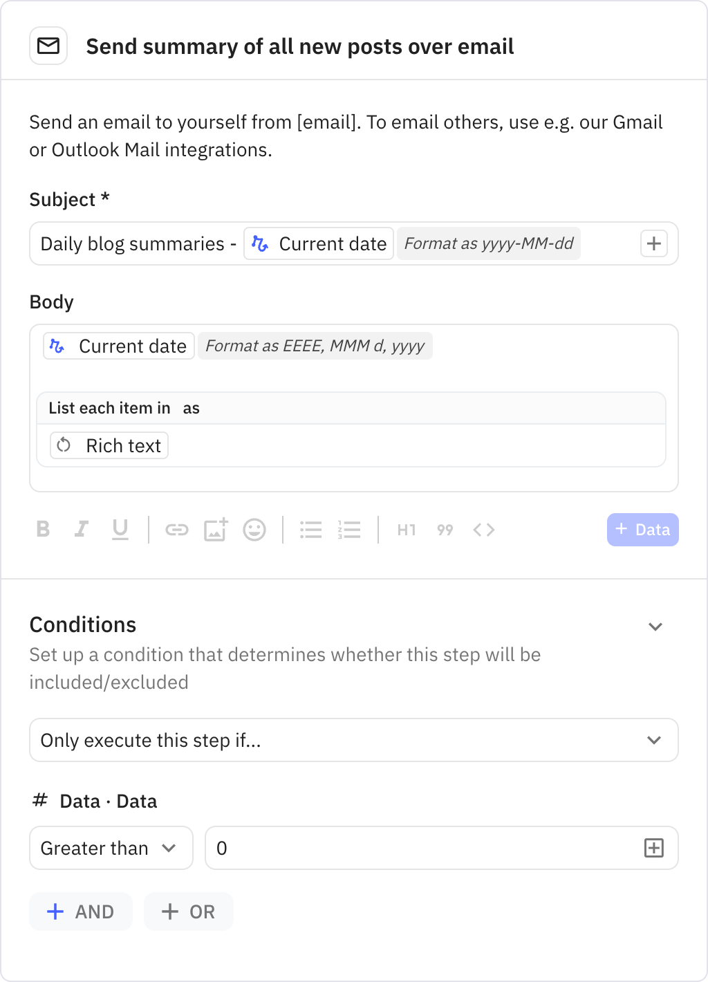 Relay.app screenshot of: Send summary of all new posts over email