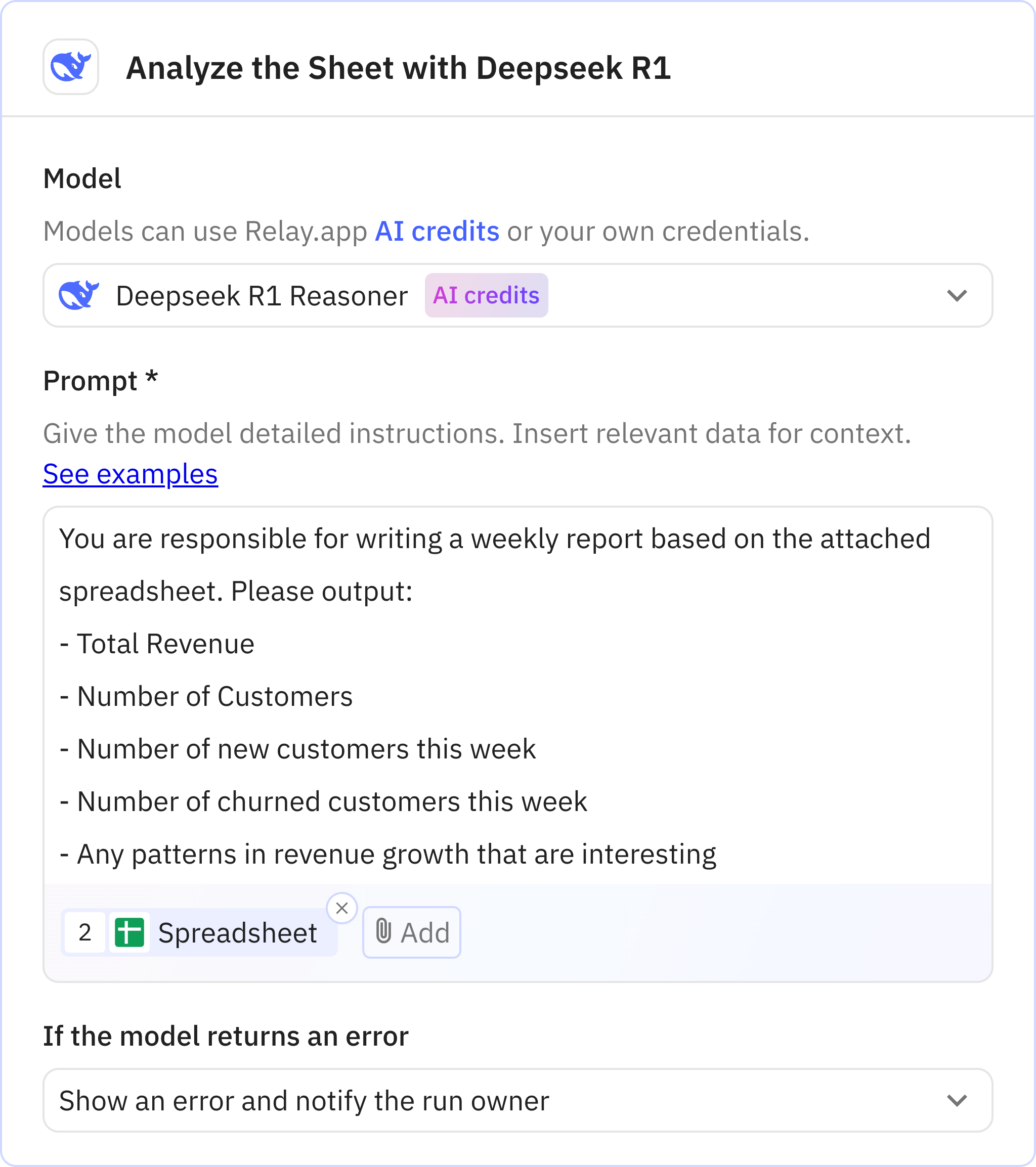 Relay.app screenshot of: Step 3: Analyze the Sheet with Deepseek R1