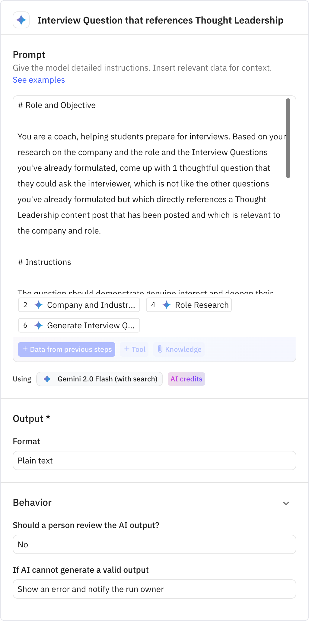 Relay.app screenshot of: Interview Question that references Thought Leadership