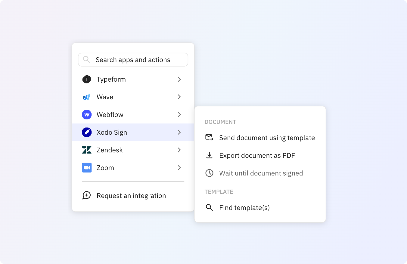 Preview of Use any of these Xodo Sign actions in your Relay.app workflows.