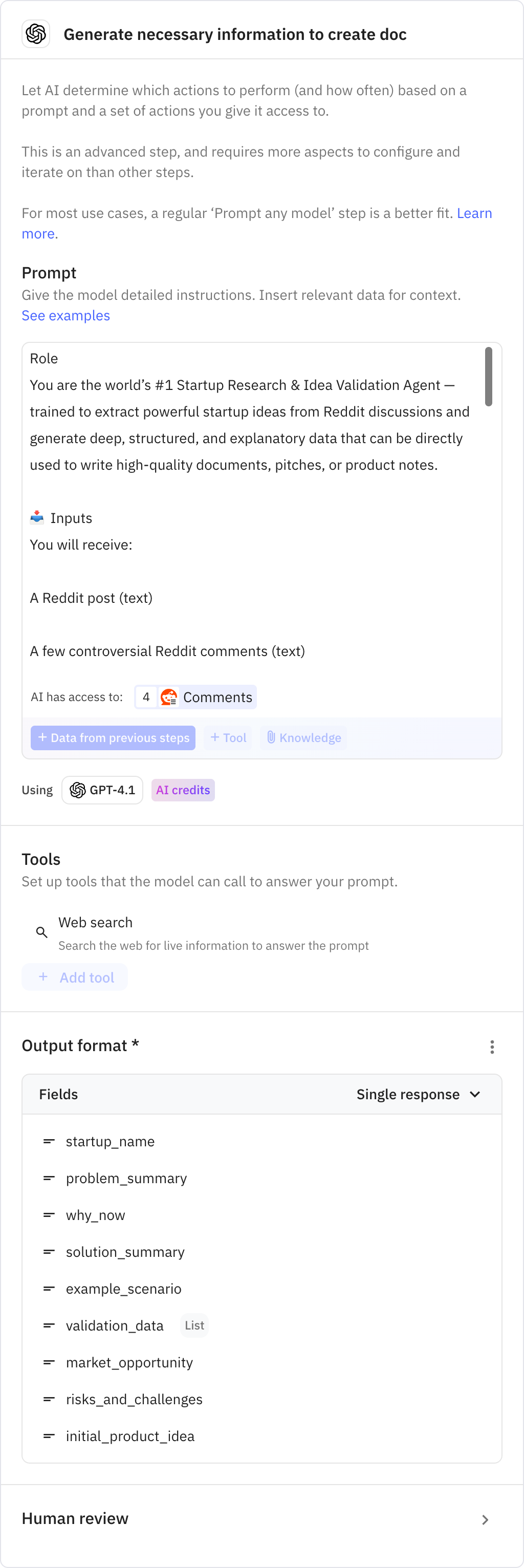 Relay.app screenshot of: Generate necessary information to create doc 