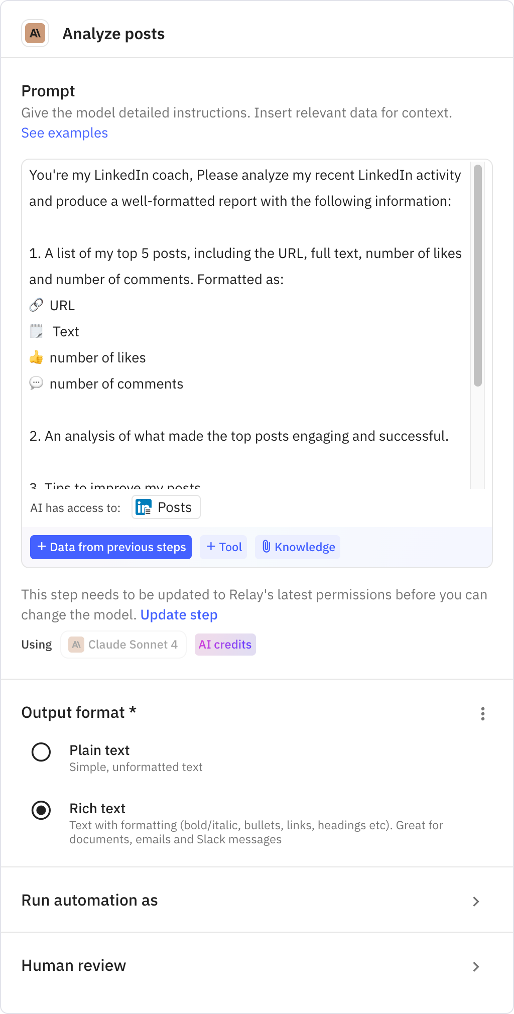 Relay.app screenshot of: Analyze posts