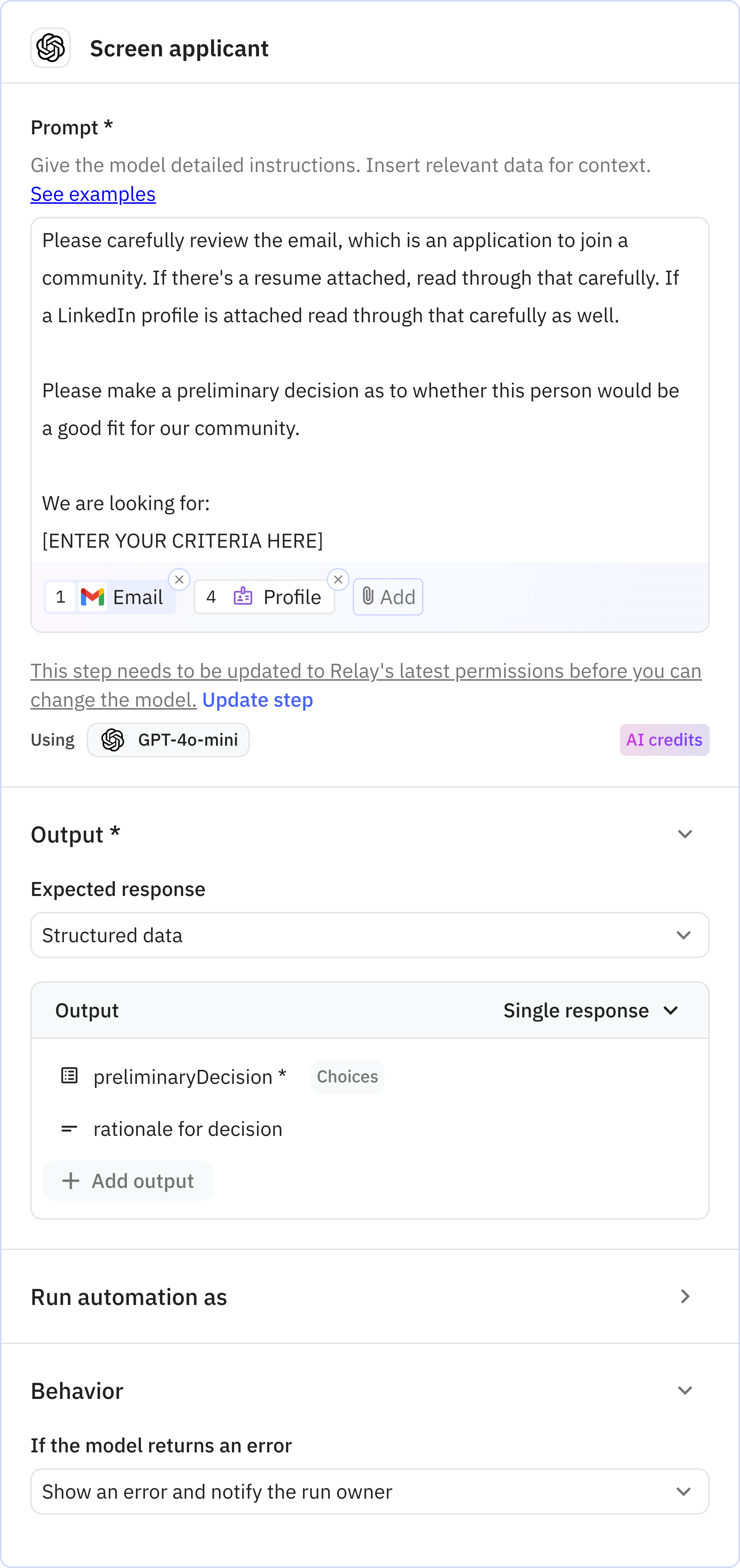 Relay.app screenshot of: Screen applicant