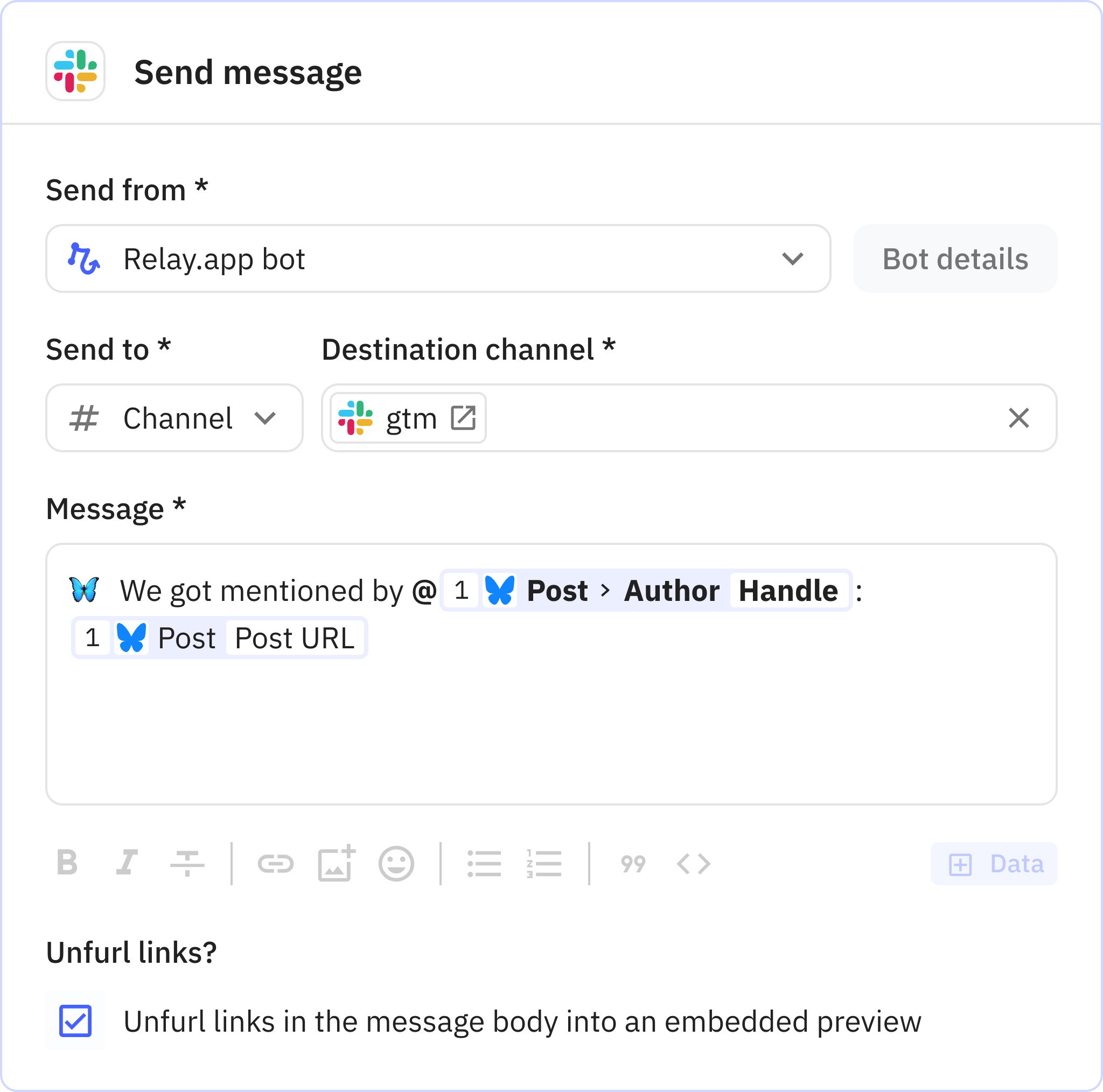 Relay.app screenshot of: Send message