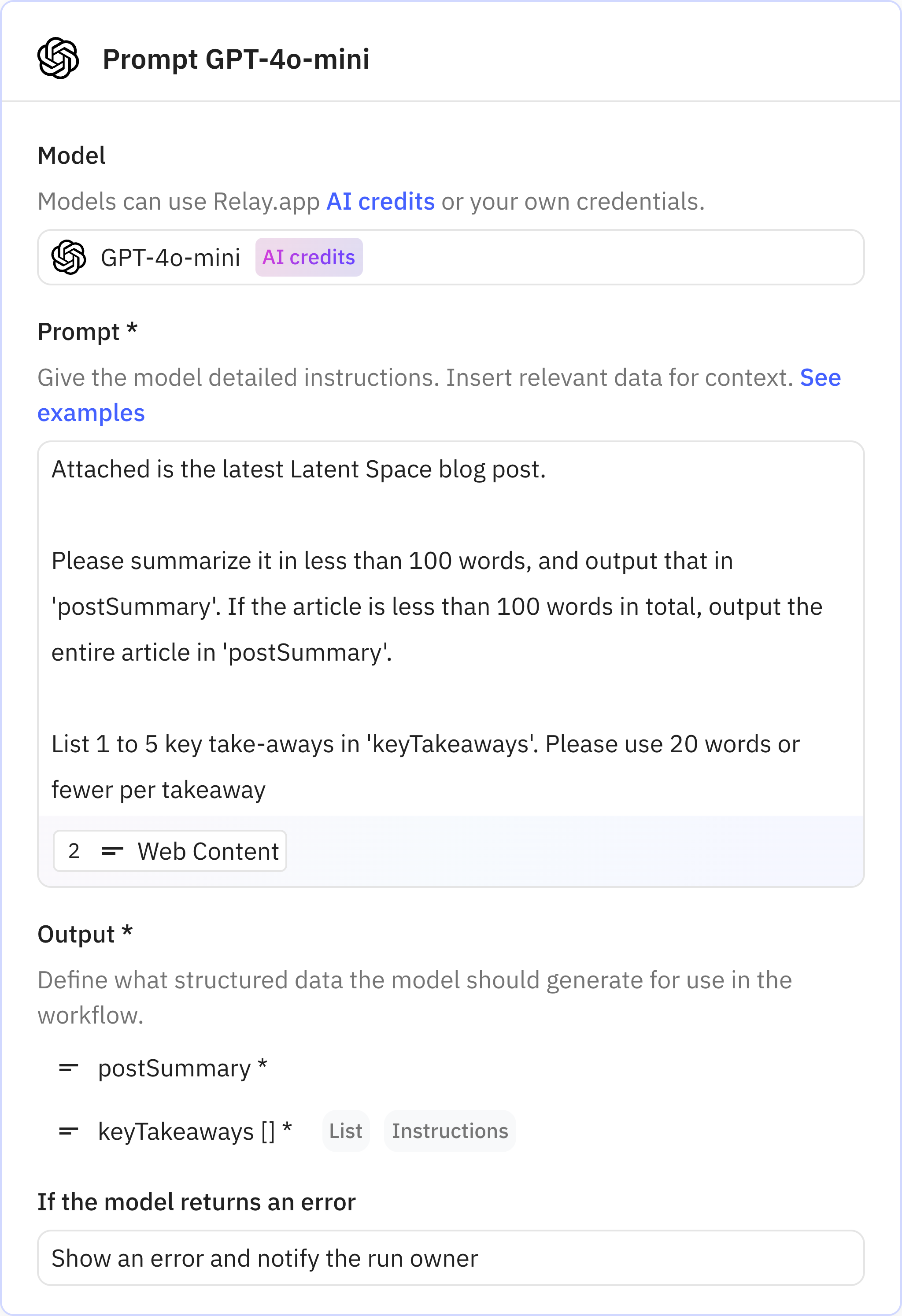 Relay.app screenshot of: Prompt GPT-4o-mini
