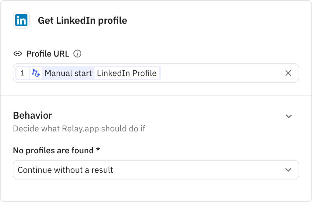 Relay.app screenshot of: Get LinkedIn profile