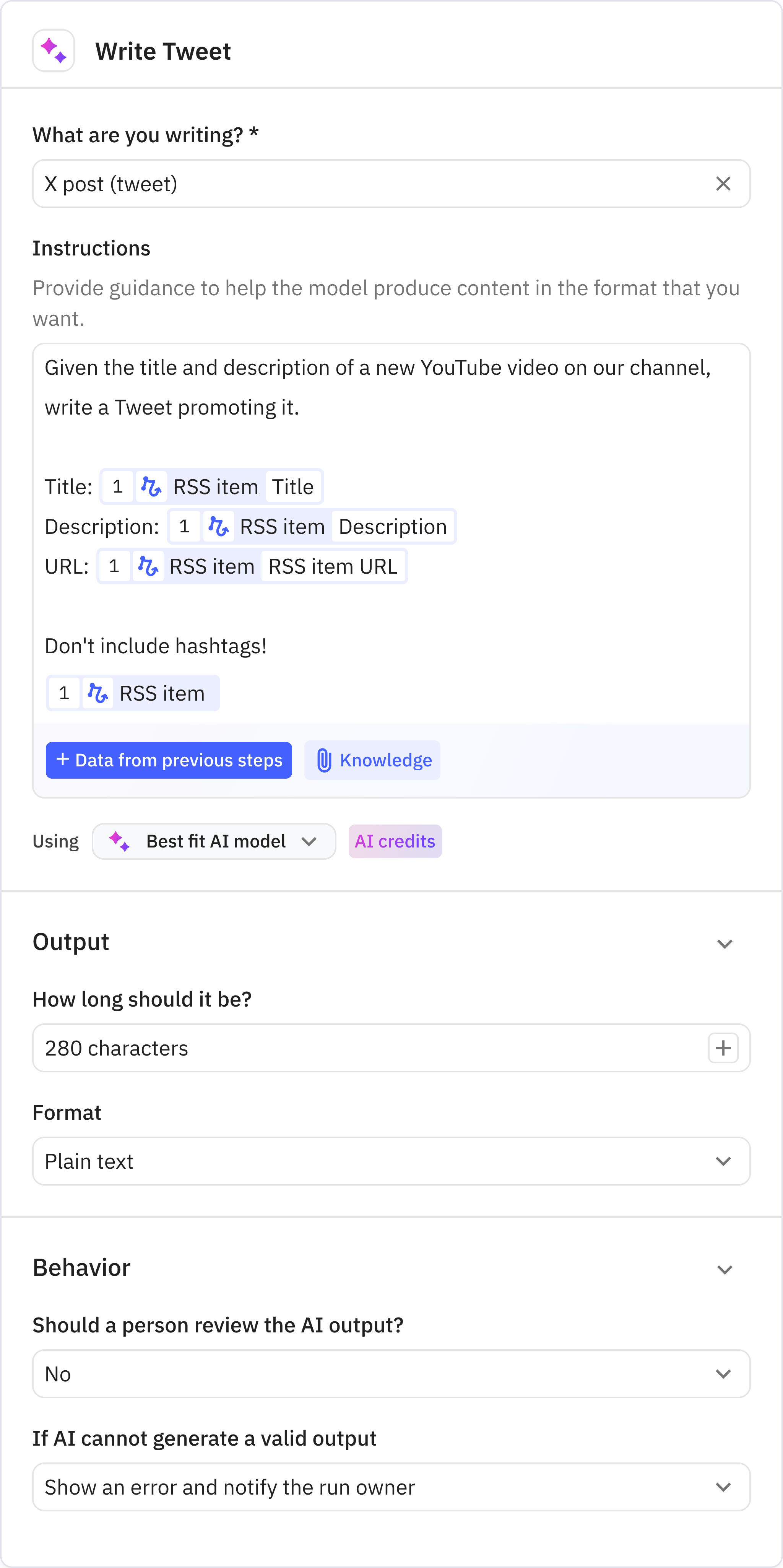 Relay.app screenshot of: Write Tweet