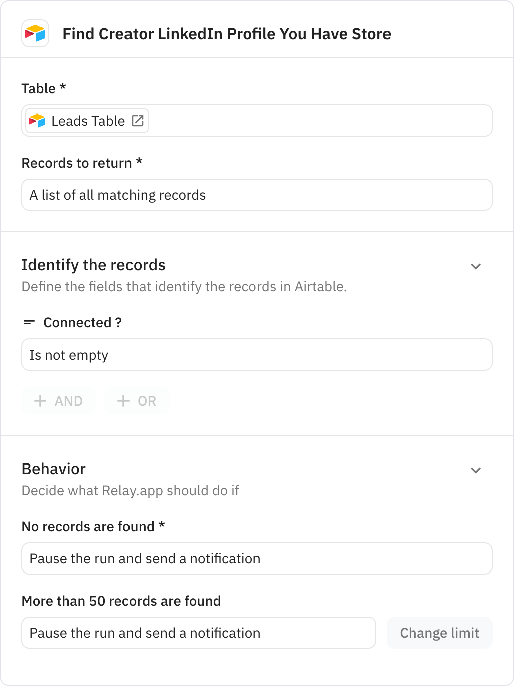 Relay.app screenshot of: Find Creator LinkedIn Profile You Have Store
