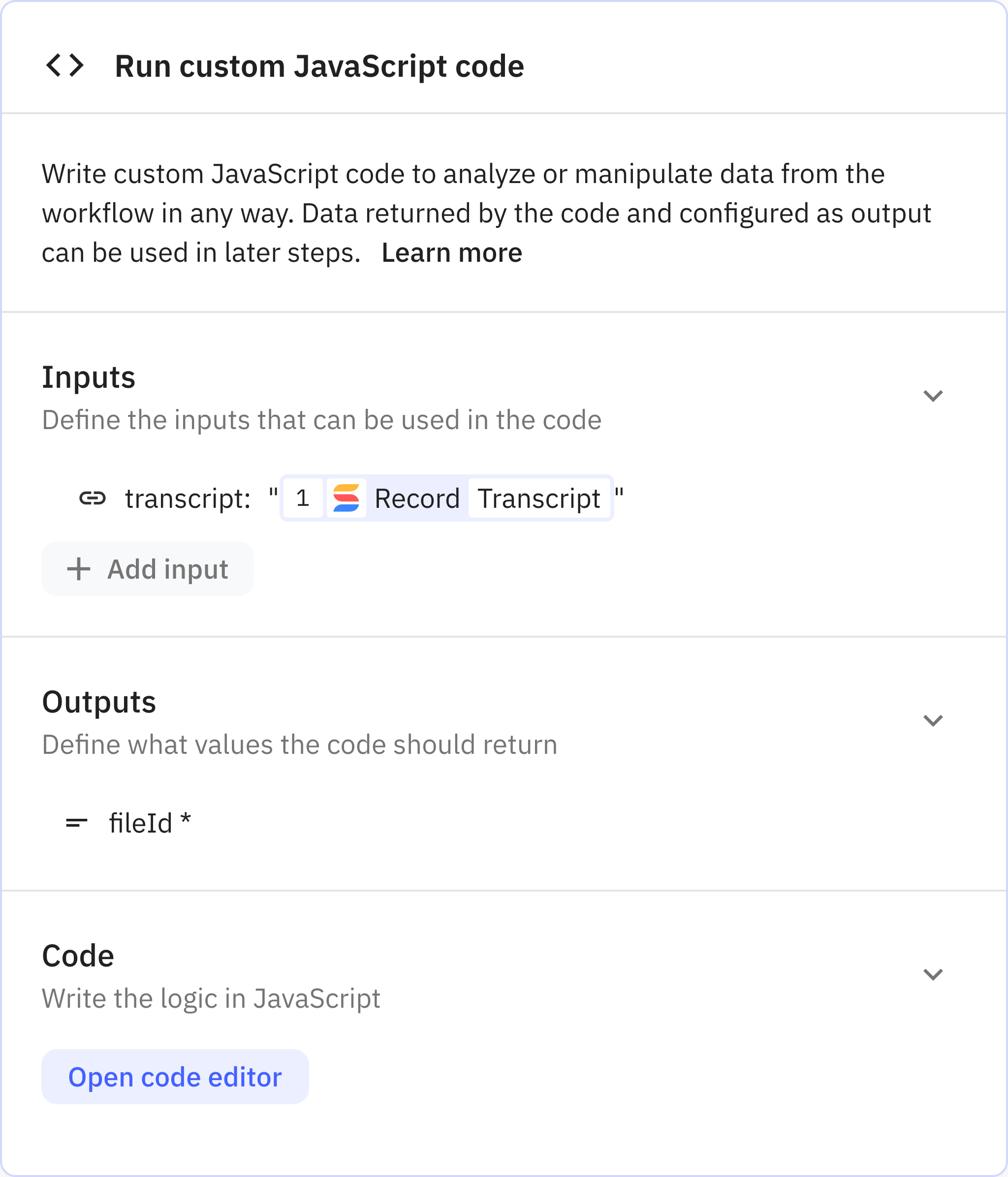Relay.app screenshot of: Run custom JavaScript code