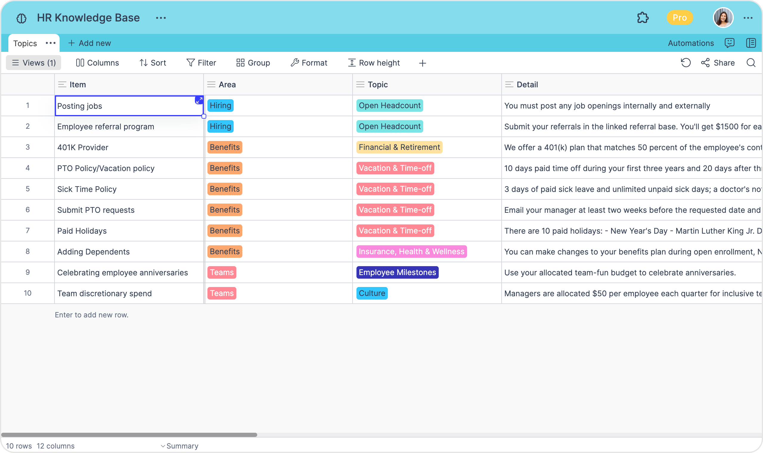 Retable knowledge base