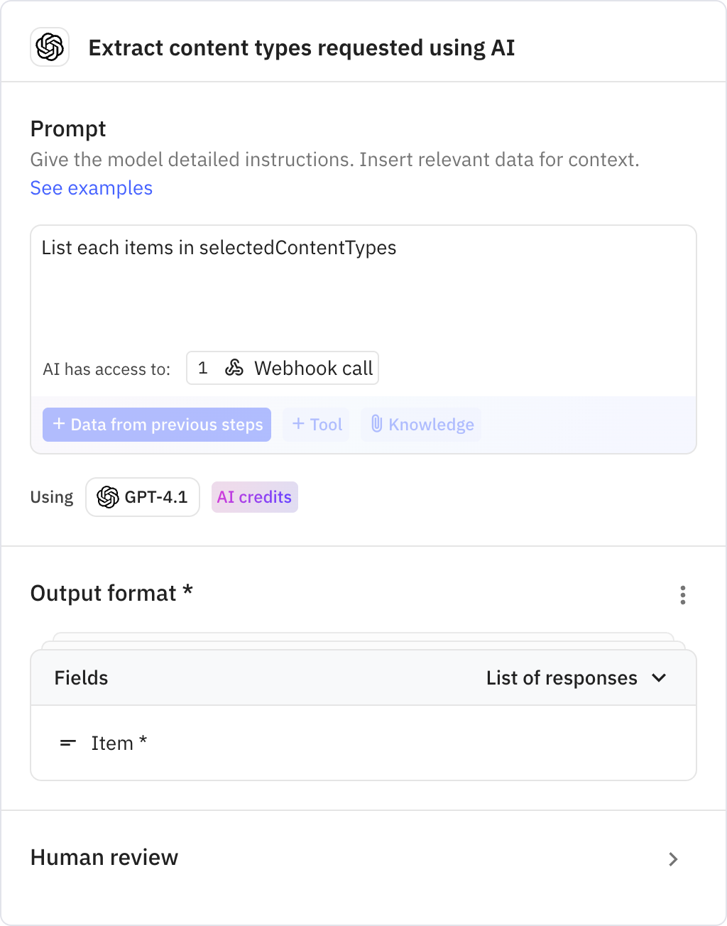 Relay.app screenshot of: Extract content types requested using AI