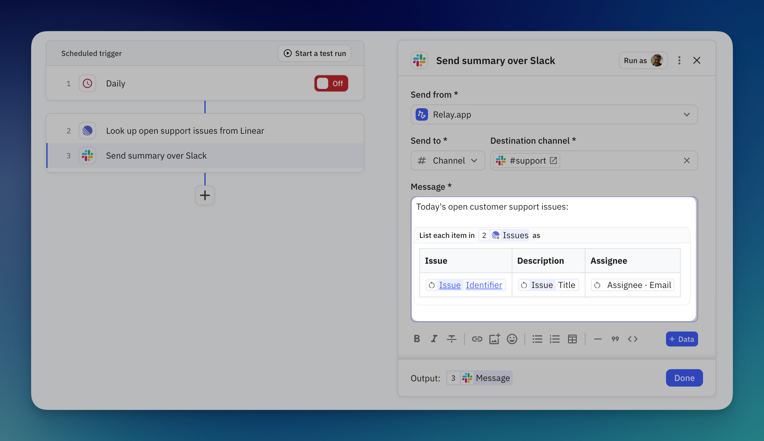 Unrolling lists as tables inside rich text content