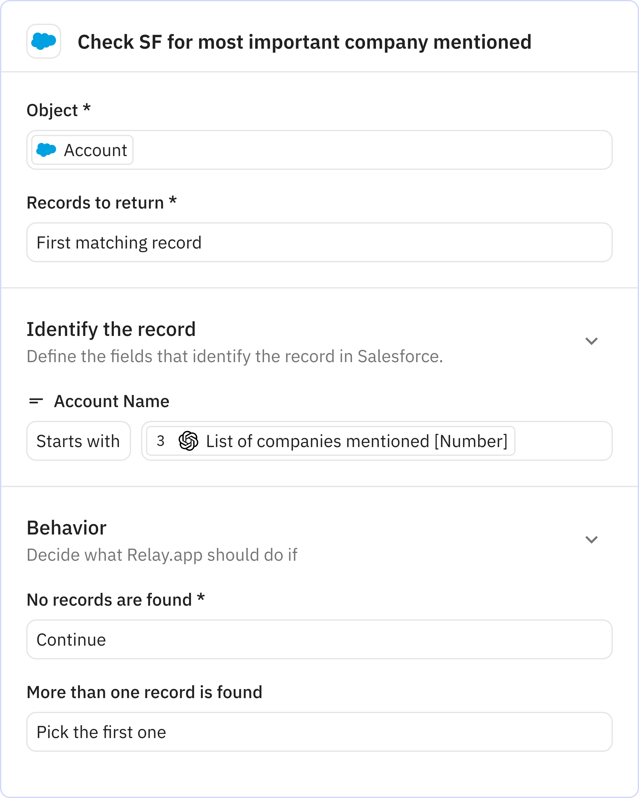 Relay.app screenshot of: Check SF for most important company mentioned