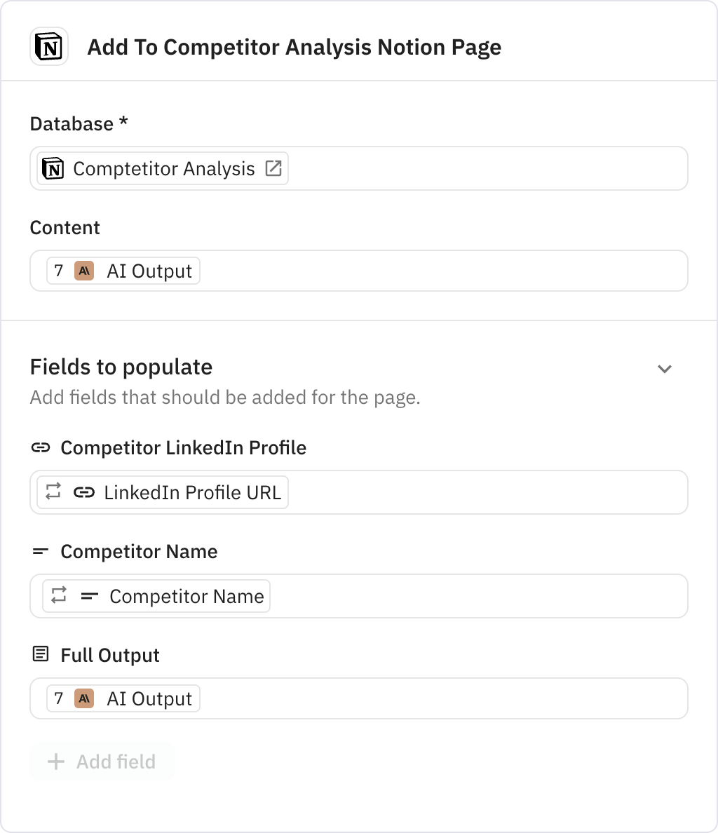 Relay.app screenshot of: Add To Competitor Analysis Notion Page