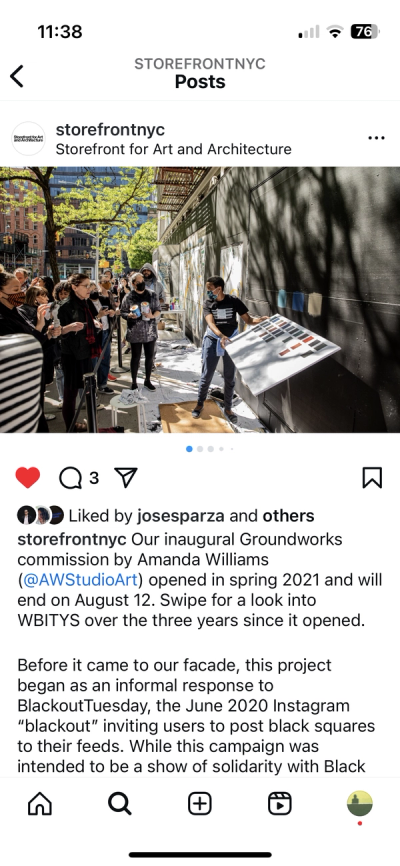 Mobile view of an Instagram grid post announcing the final days of Amanda William’s facade intervention, featuring an archival image of the artist preparing the work and giving an explanation to bystanders.