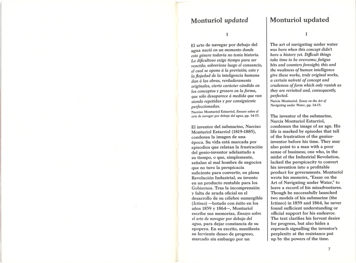 Black and white scan of an interior book spread, pages 6-7. Left page is blank. Right page features a bilingual introduction set in two columns. Left side is the beginning of the English text, right side is the beginning of the Spanish text