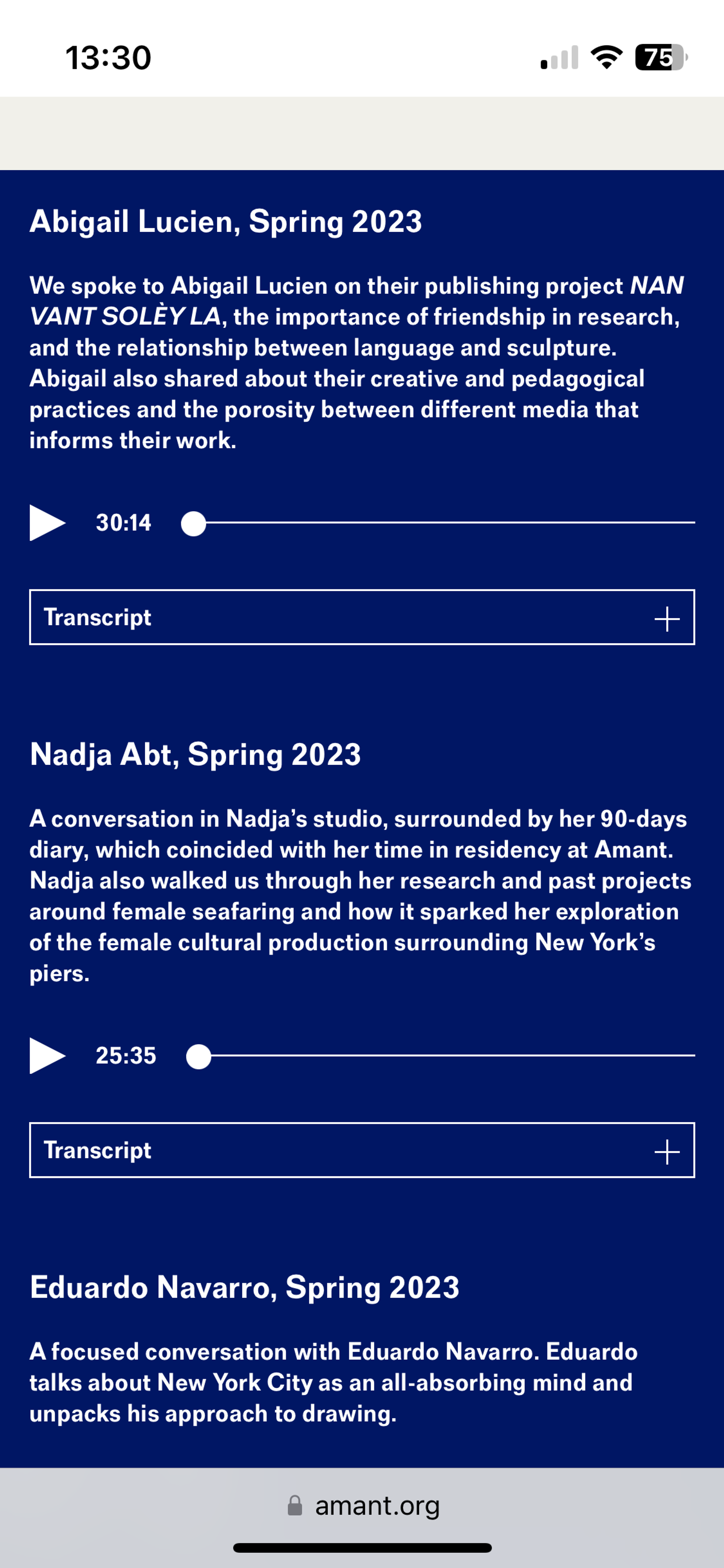 Screenshot of a mobile webpage on amant.org, blue backrgound white letters, 3 short descriptions, each with an an audio player module