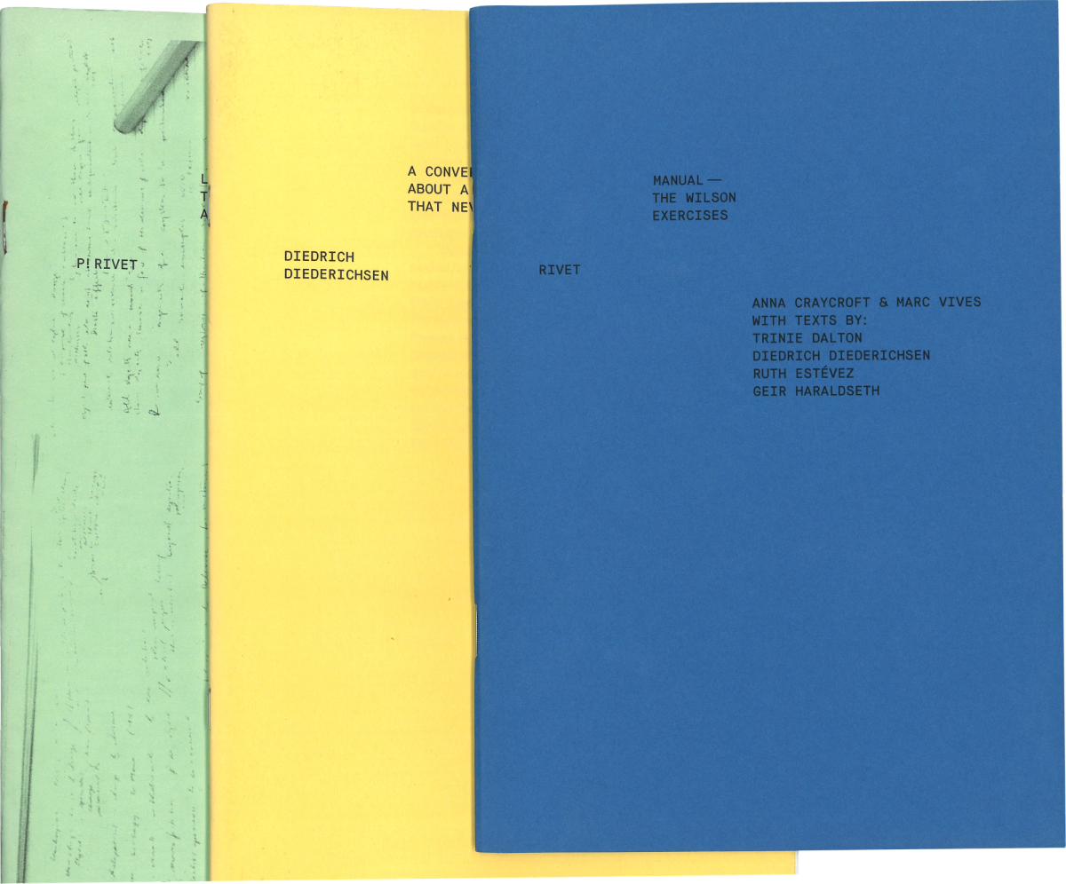 Scan of the covers of three booklets partially overlapping each other; left booklet is light green, middle booklet is bright yellow, right booklet is blue. 