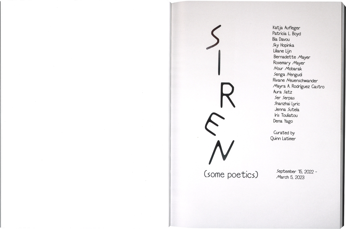 Scan of an interior spread of a book, left page is blank, right page features title in black lettering in vertical direction, in the right column is a list of artists.