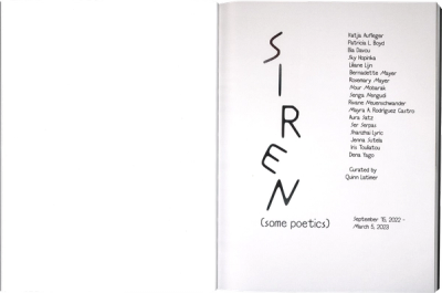 Scan of an interior spread of a book, left page is blank, right page features title in black lettering in vertical direction, in the right column is a list of artists.